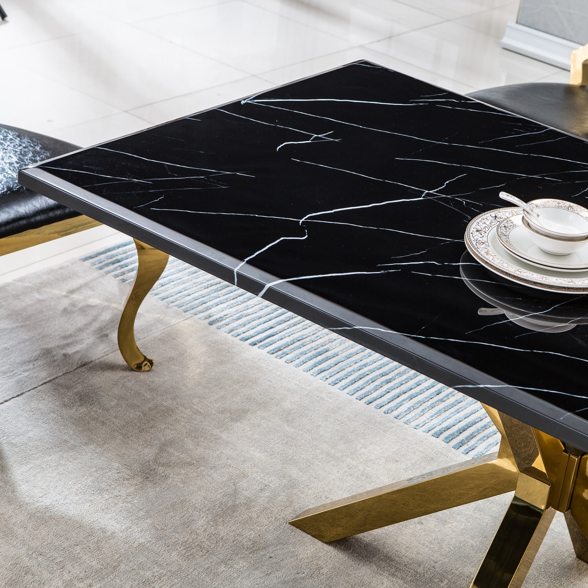 Modern Rectangular Marble Table For Dining Room Kitchen, 1.02" Thick Marble Top, Gold Finish Stainless Steel Base, Size:79"Lx39"Dx30"H Not Including Chairs Black Marble