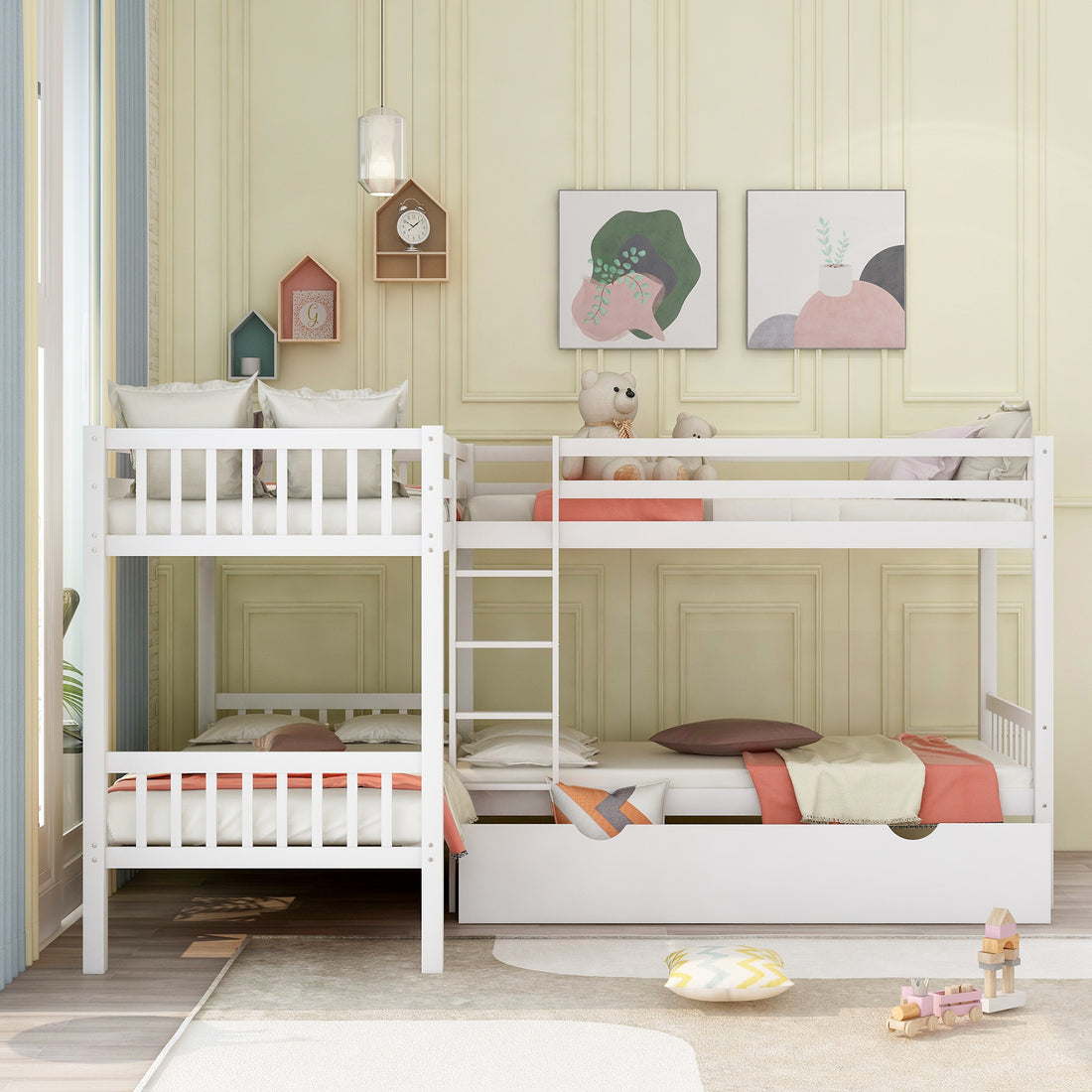 Twin L Shaped Bunk Bed With Drawers Gray Old Sku :Lp000038Aak White Solid Wood