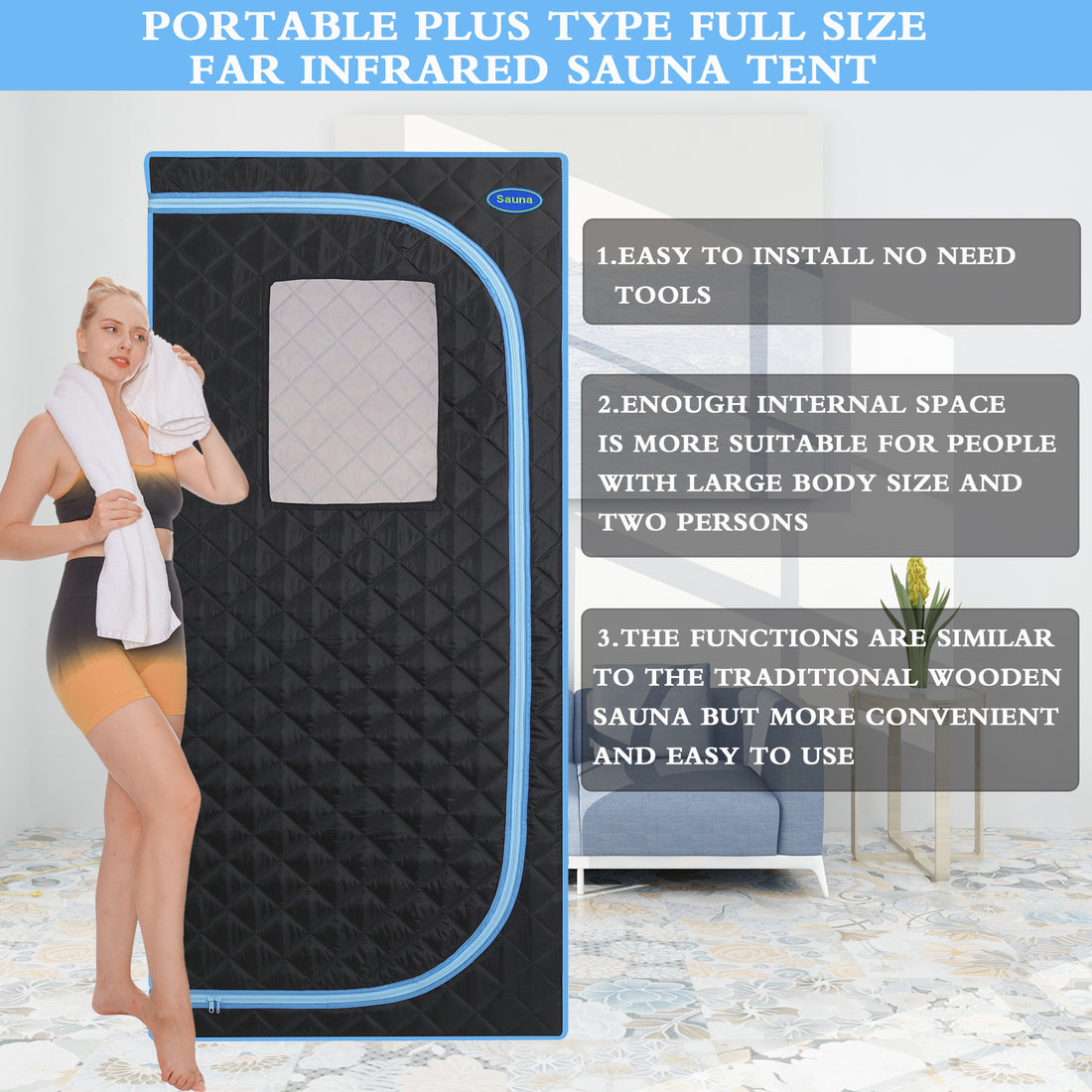 Portable Plus Type Full Size Far Infrared Sauna Tent. Spa, Detox ,Therapy And Relaxation At Home.Larger Space,Stainless Steel Connector Easy To Install.Fcc Certification Black Blue Binding Black Polyester