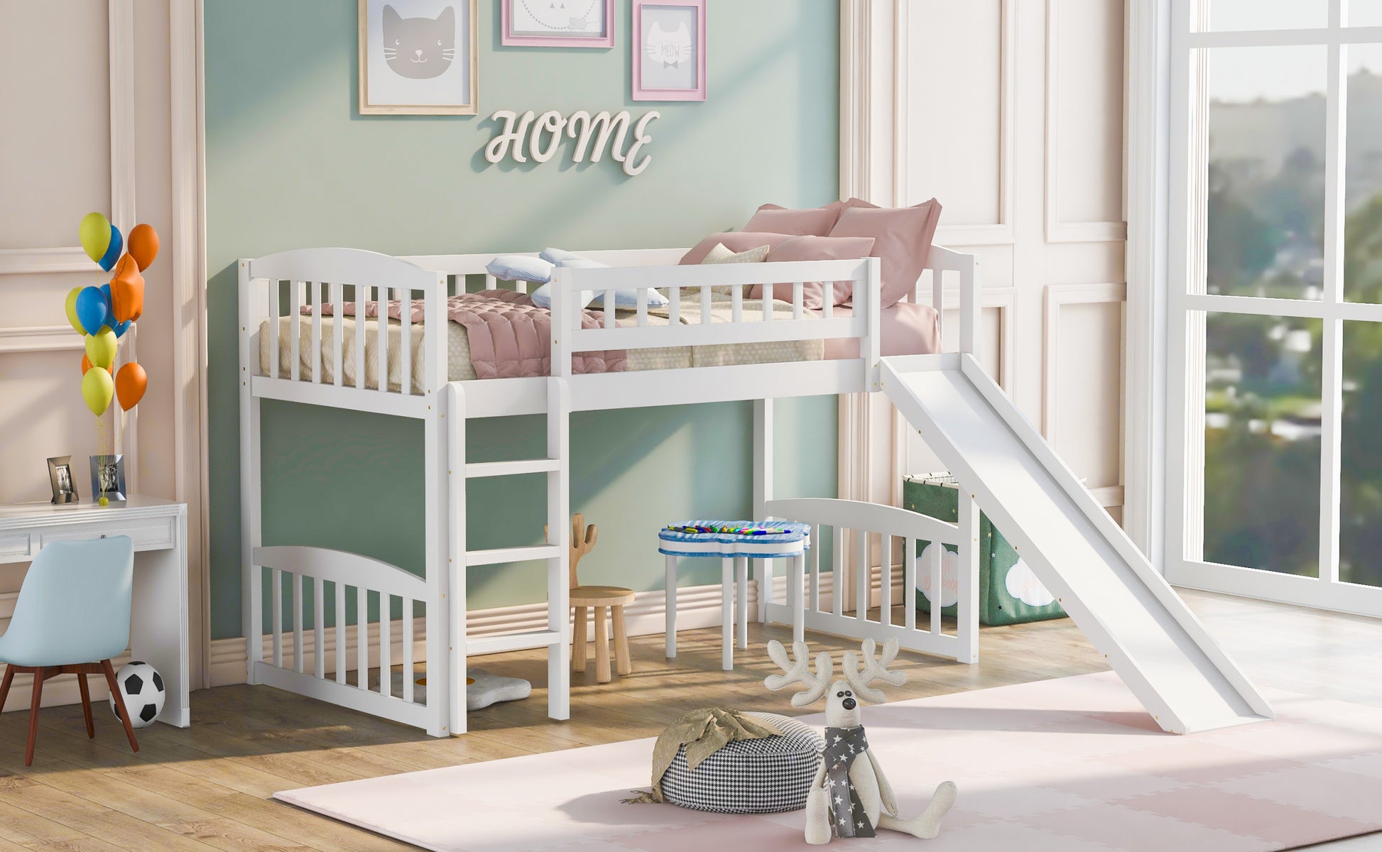 Twin Size Loft Bed With Slide And Ladder, White Old Sku: Lp000504Aak White Solid Wood