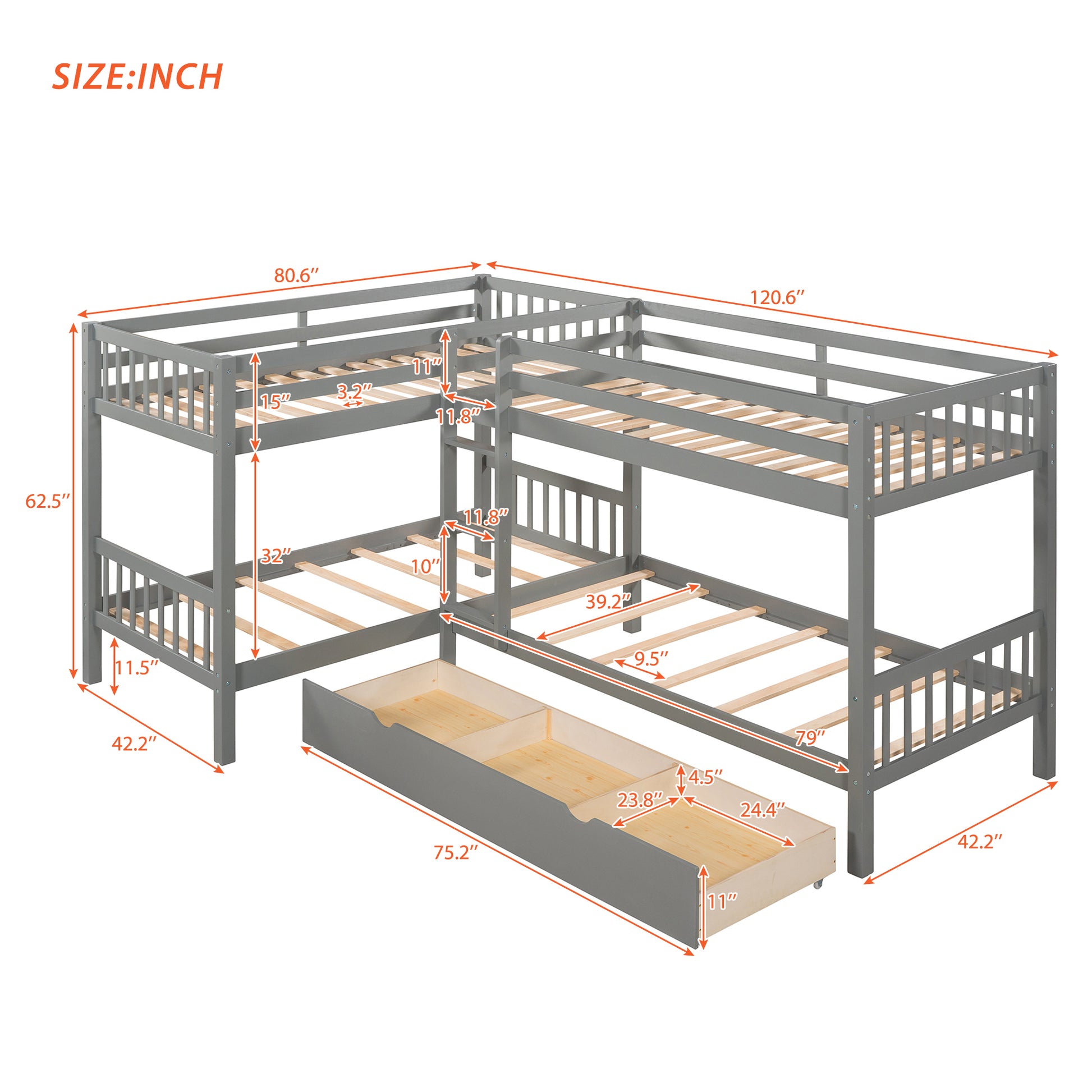 Twin L Shaped Bunk Bed With Drawers Gray Old Sku :Lp000038Aae Gray Solid Wood