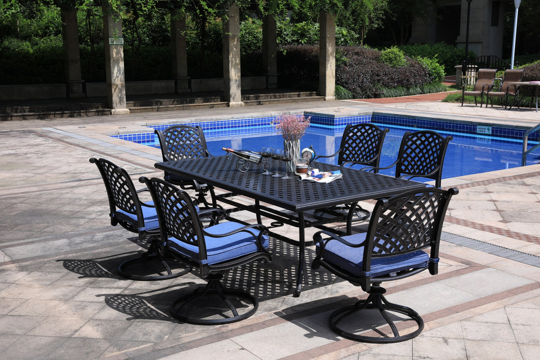 Rectangular 6 Person 85.83" Long Aluminum Dining Set With Navy Blue Cushions Antique Navy Blue Polyester Aluminum