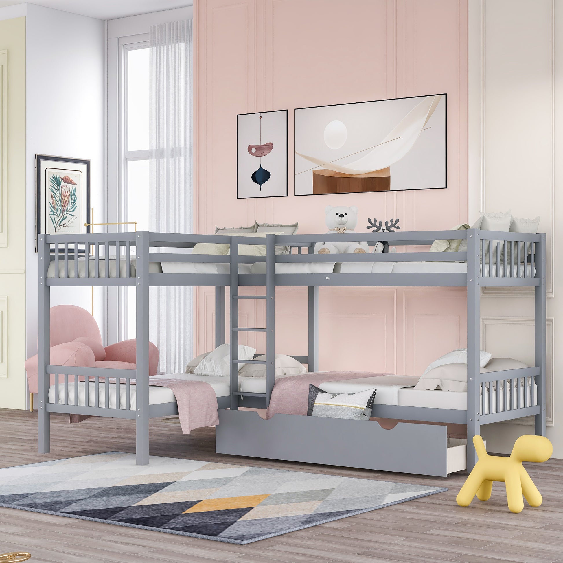 Twin L Shaped Bunk Bed With Drawers Gray Old Sku :Lp000038Aae Gray Solid Wood