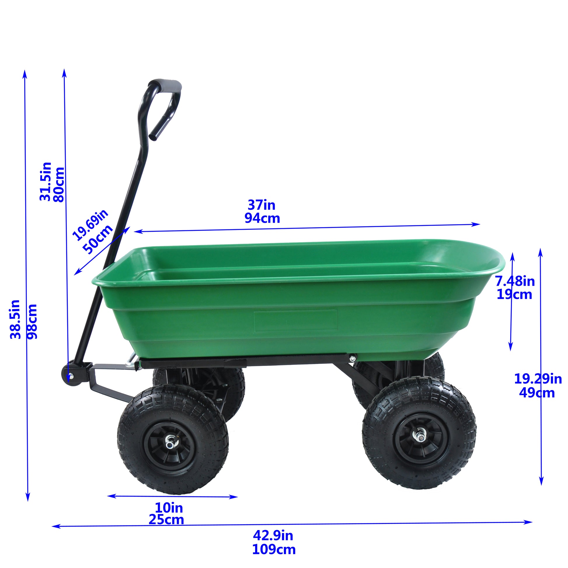 Folding Car Poly Garden Dump Truck With Steel Frame, 10 Inches. Pneumatic Tire, 300 Pound Capacity, 75 Liter Truck Body Grass Green Metal