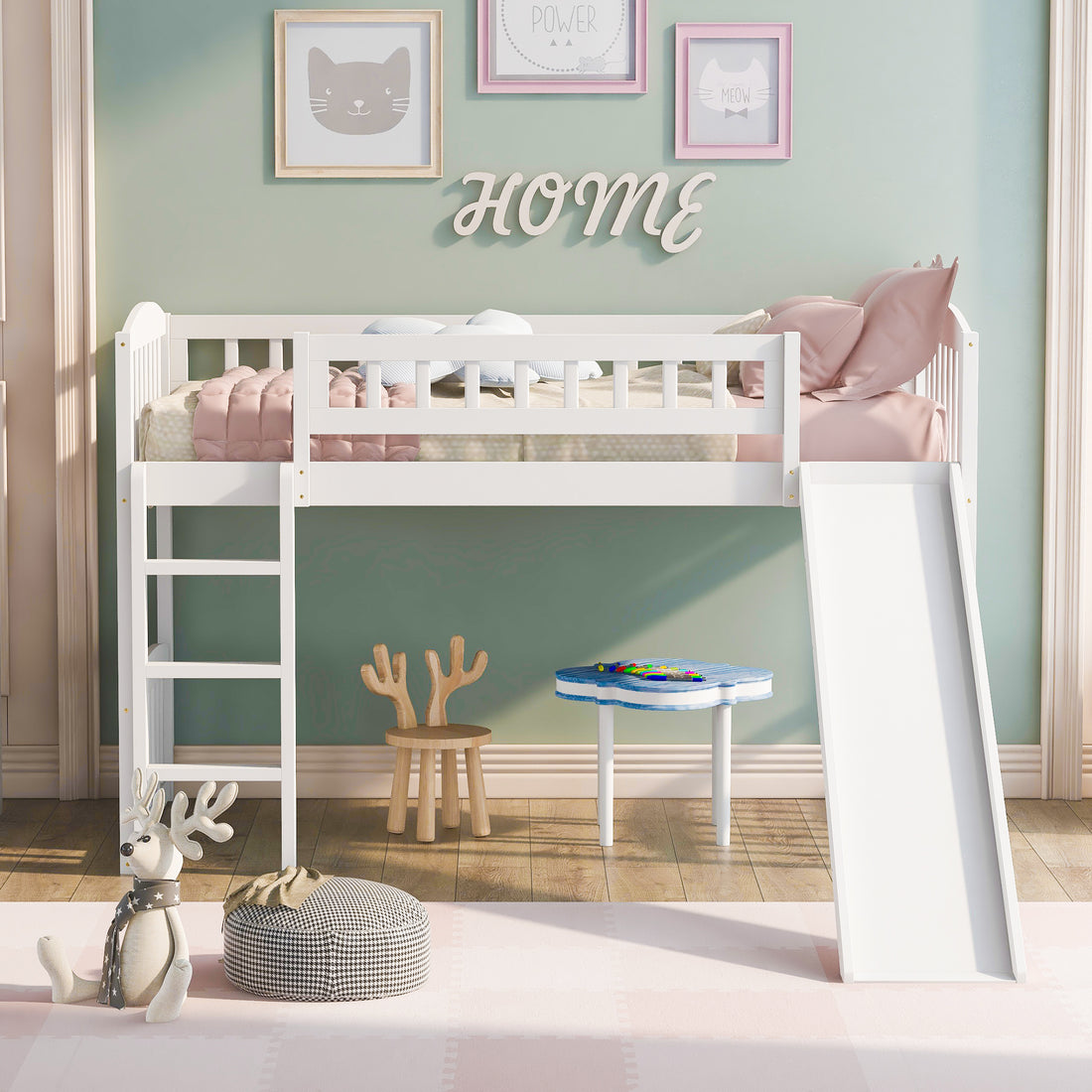 Twin Size Loft Bed With Slide And Ladder, White Old Sku: Lp000504Aak White Solid Wood