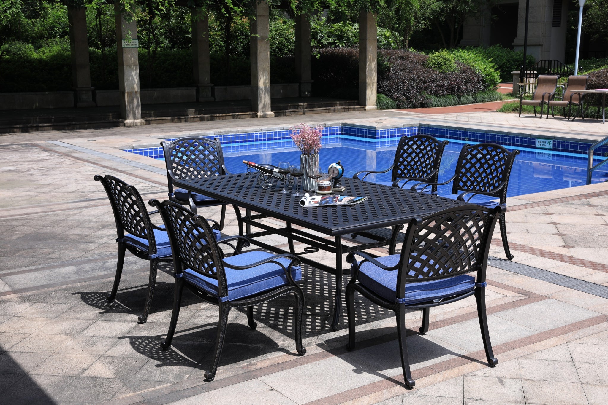 Rectangular 6 Person 86" Long Aluminum Dining Set With Navy Blue Cushions Antique Navy Blue Polyester Aluminum