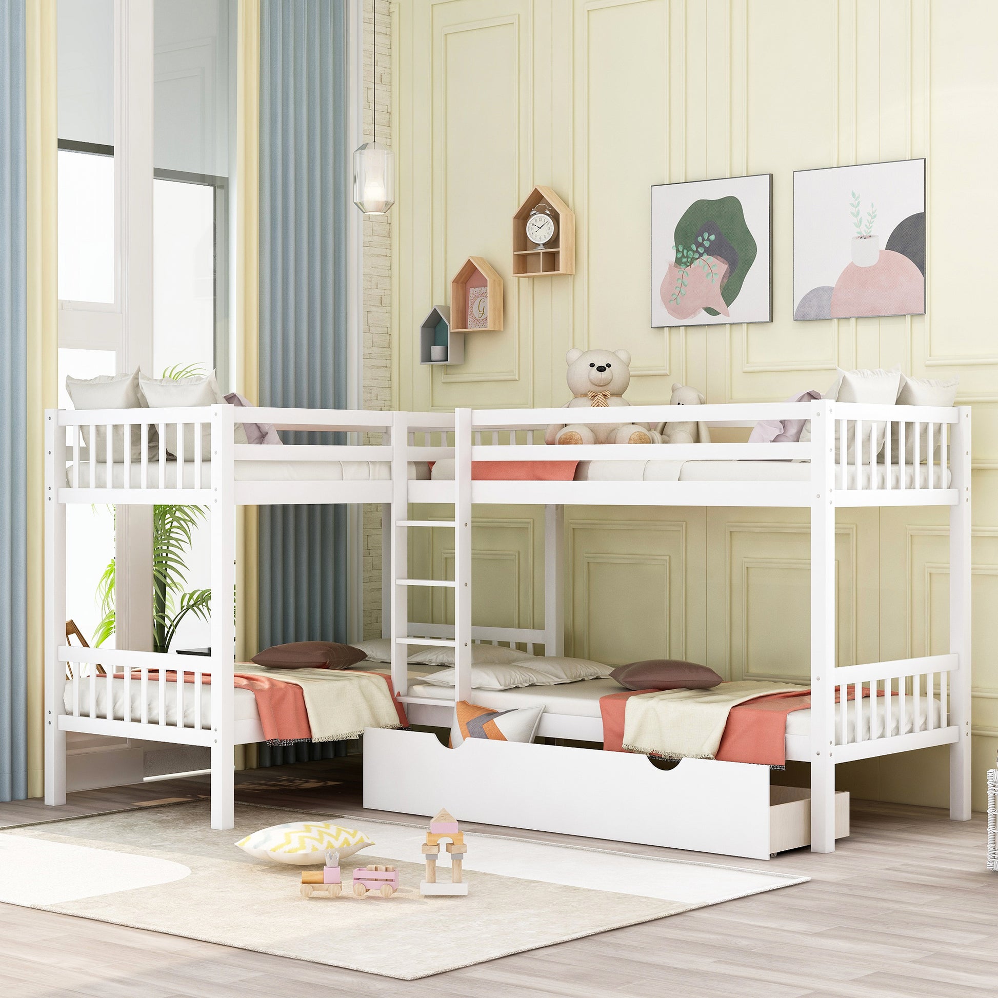 Twin L Shaped Bunk Bed With Drawers Gray Old Sku :Lp000038Aak White Solid Wood