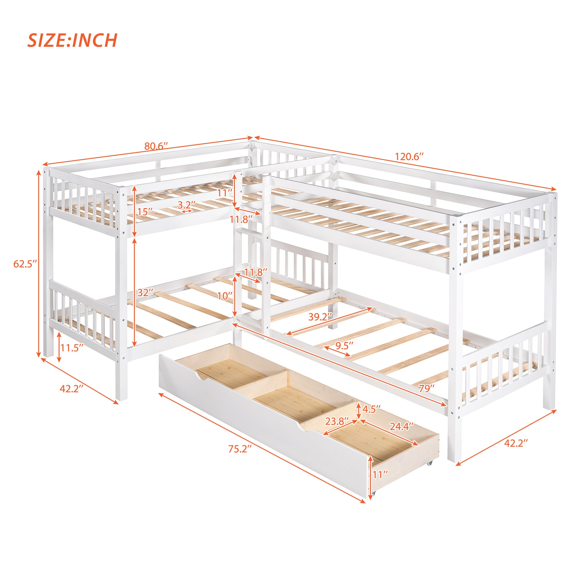 Twin L Shaped Bunk Bed With Drawers Gray Old Sku :Lp000038Aak White Solid Wood