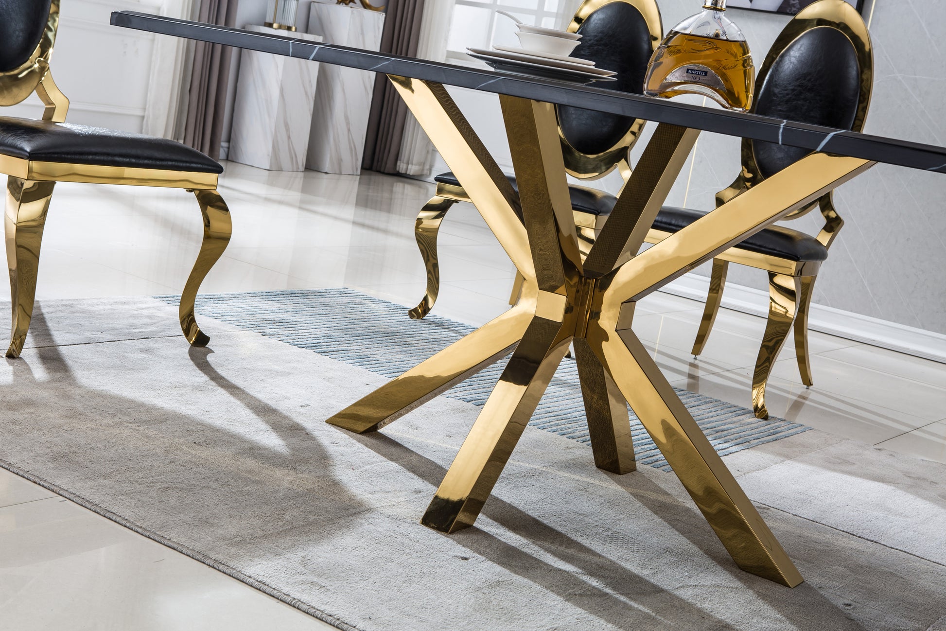 Modern Rectangular Marble Table For Dining Room Kitchen, 1.02" Thick Marble Top, Gold Finish Stainless Steel Base, Size:79"Lx39"Dx30"H Not Including Chairs Black Marble