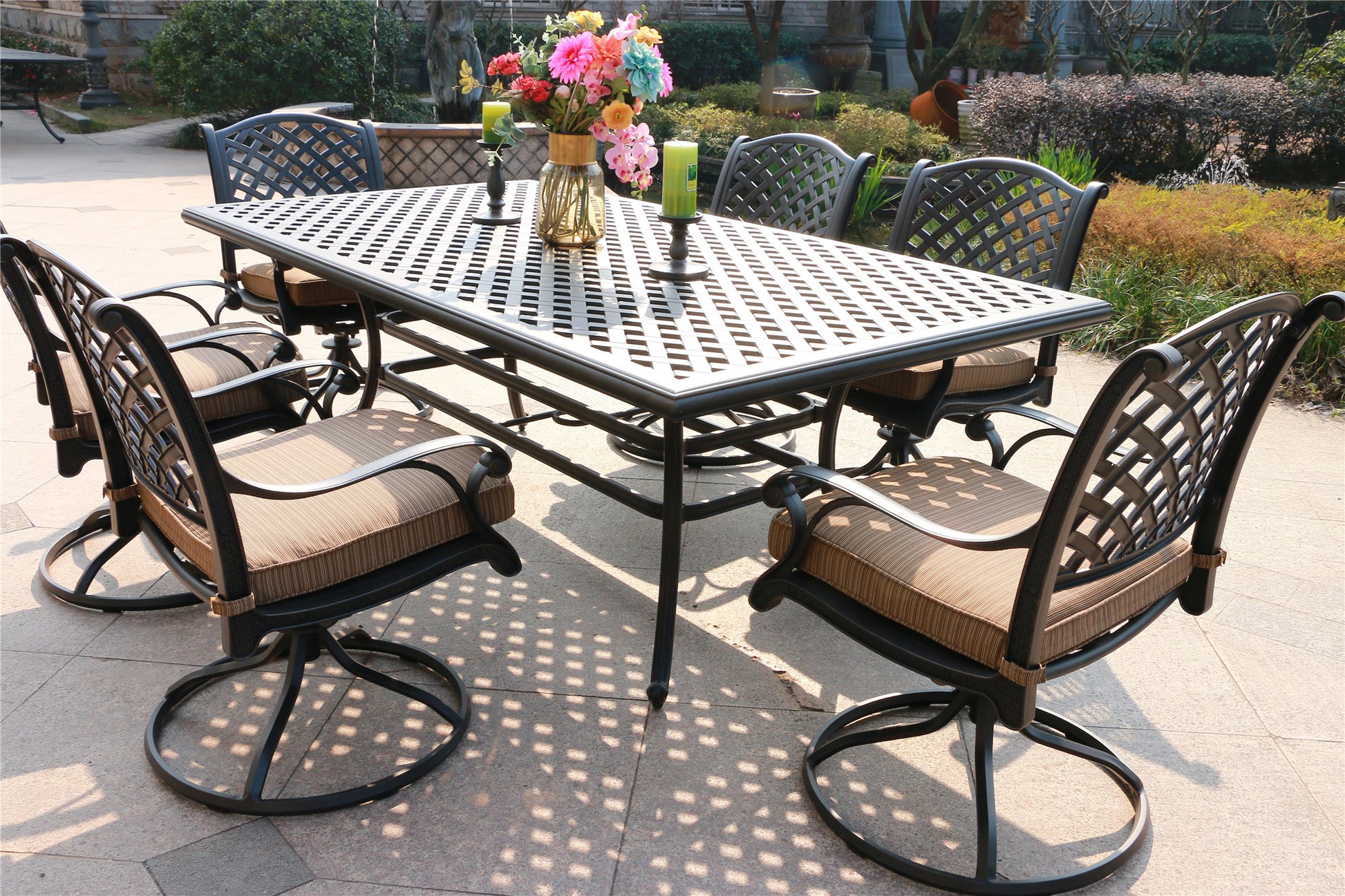 Rectangular 6 Person 85.83" Long Aluminum Dining Set With Dupione Brown Cushions Antique Brown Polyester Aluminum