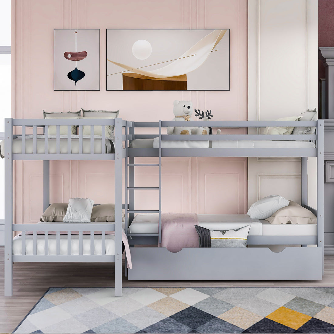 Twin L Shaped Bunk Bed With Drawers Gray Old Sku :Lp000038Aae Gray Solid Wood