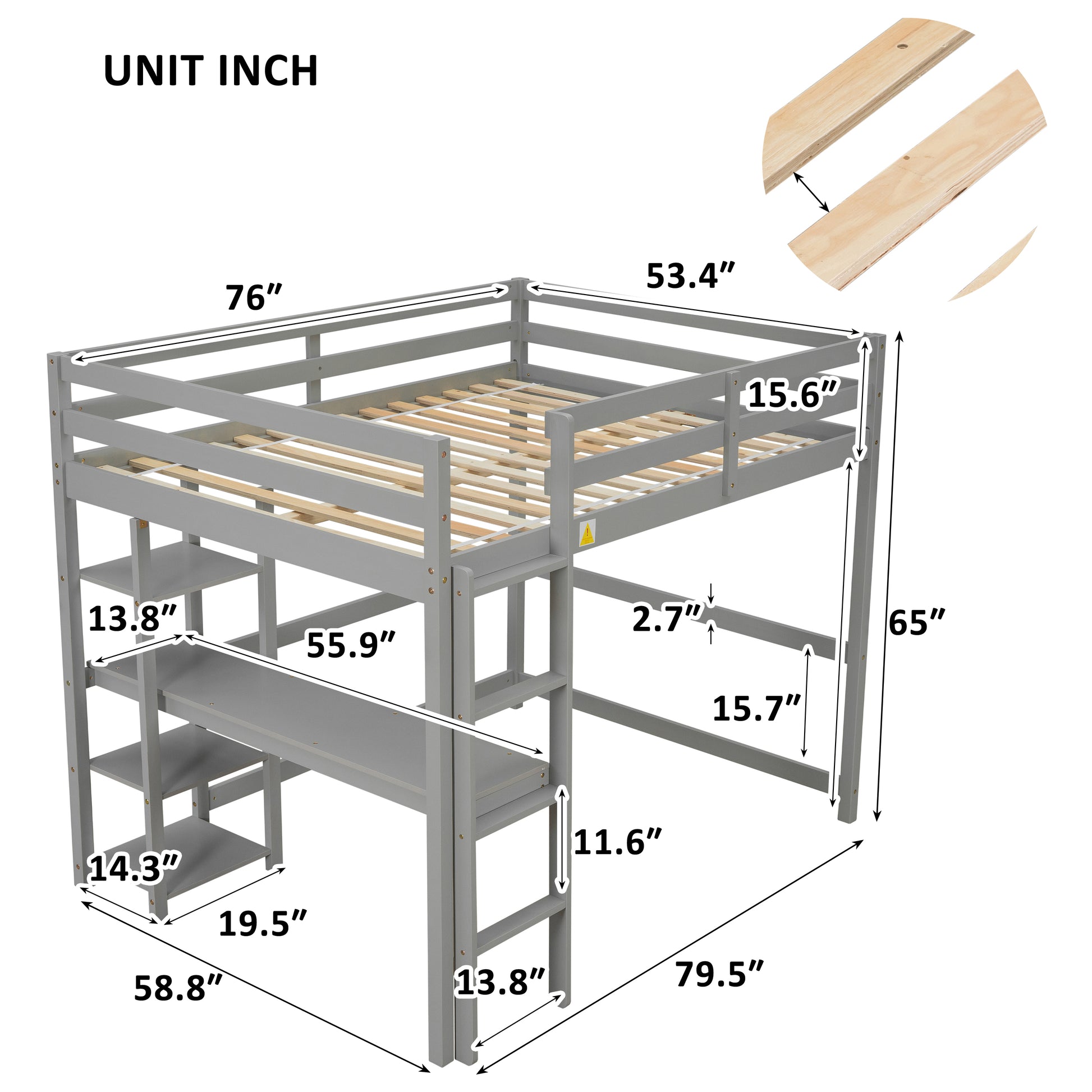 Full Loft Bed With Desk ,Shelves And Ladder, Grey Grey Pine