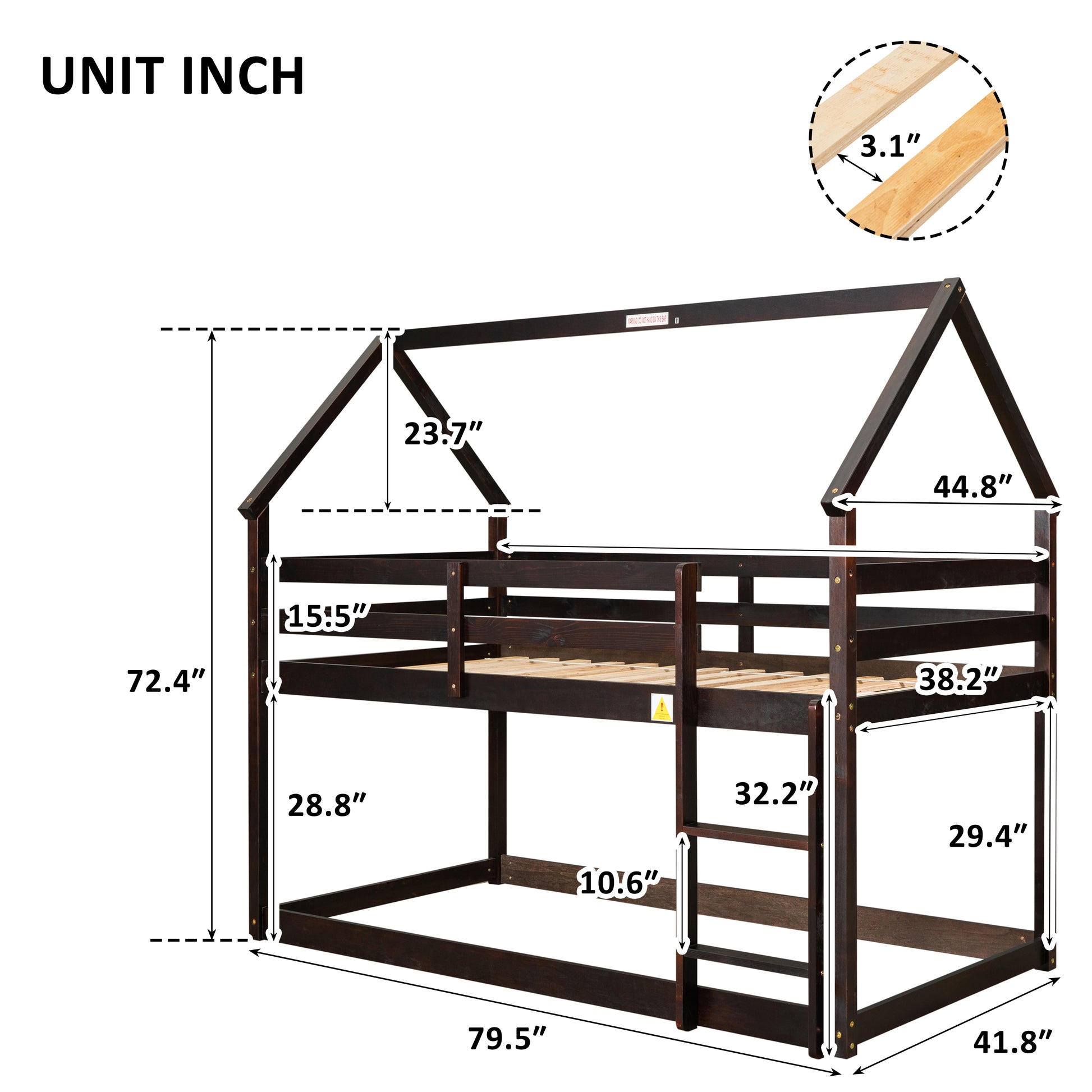 Twin Over Twin Loft Bed With Roof Design, Safety Guardrail, Ladder, Espresso Espresso Pine