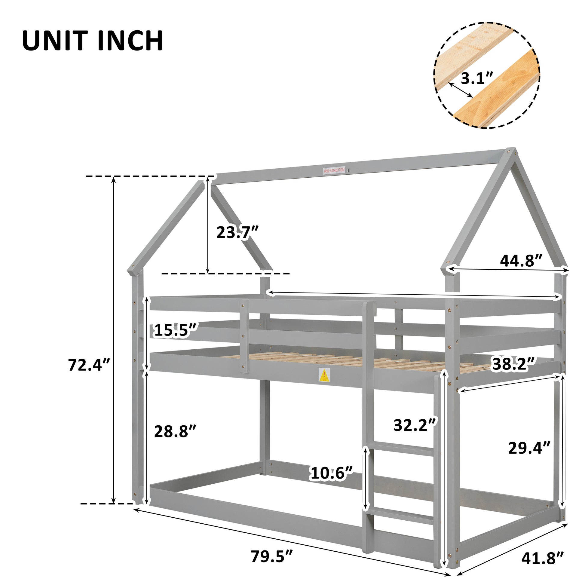 Twin Over Twin Loft Bed With Roof Design, Safety Guardrail, Ladder, Grey Grey Pine