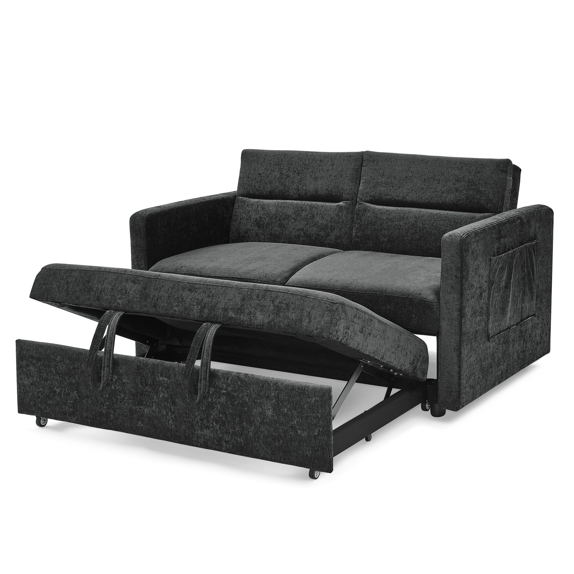 Loveseats Sofa Bed With Pull Out Bed,Adjsutable Back And Two Arm Pocket,Black 54.5"X33"X31.5" Black Chenille 2 Seat