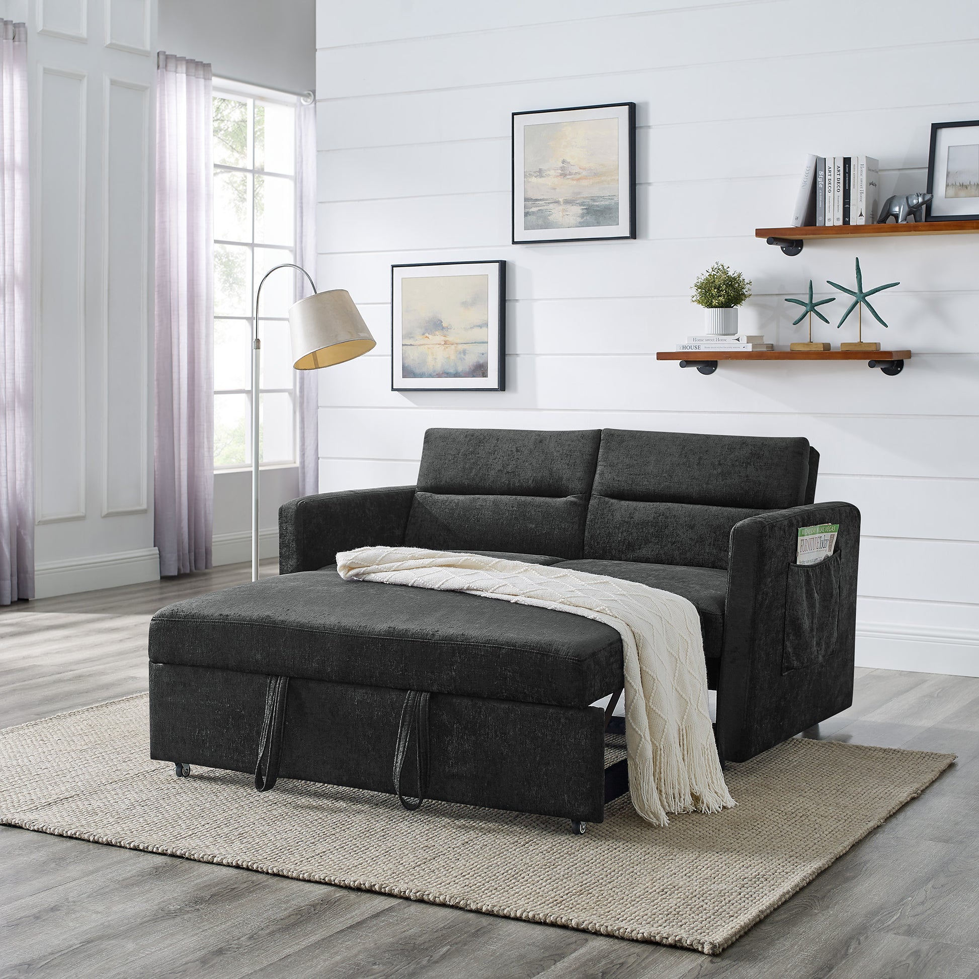 Loveseats Sofa Bed With Pull Out Bed,Adjsutable Back And Two Arm Pocket,Black 54.5"X33"X31.5" Black Chenille 2 Seat