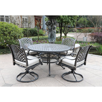 Cast Dessert Night Aluminum 5 Piece Round Dining Set With 4 Swivel Rockers, Sand Dollar Cushions Gunmetal Polyester Aluminum