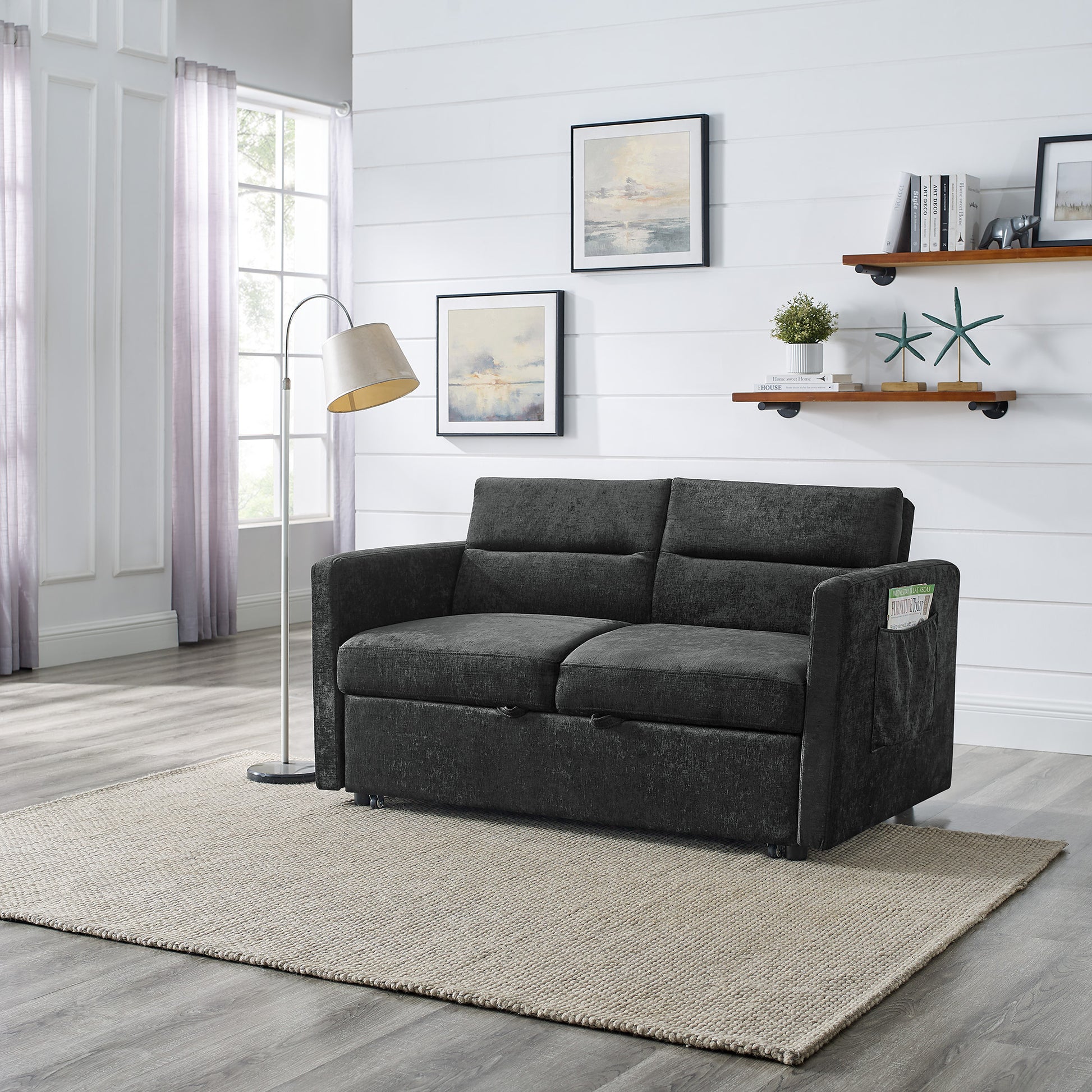 Loveseats Sofa Bed With Pull Out Bed,Adjsutable Back And Two Arm Pocket,Black 54.5"X33"X31.5" Black Chenille 2 Seat