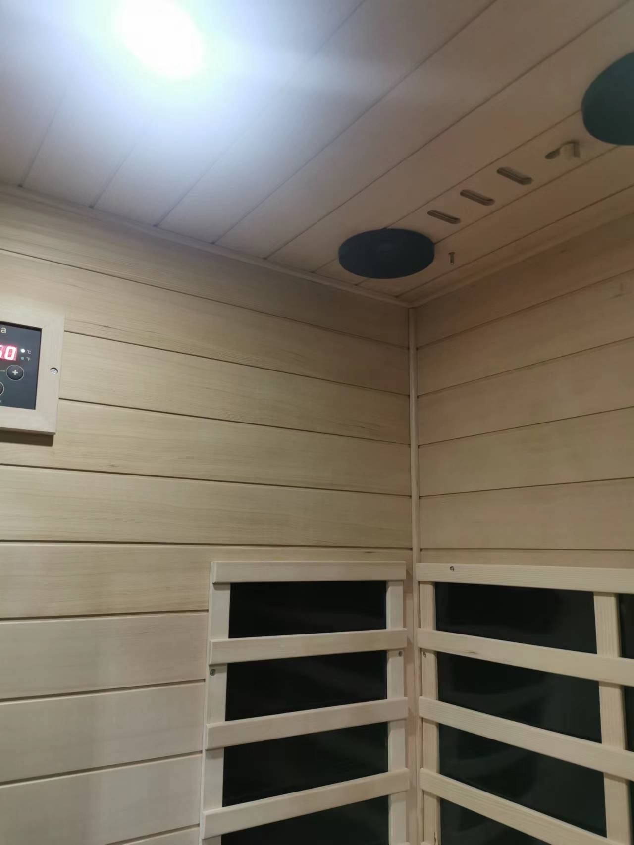 Hemlock Mini One Person Far Infrared Door On The Left Of The Indoor Sauna Room Natural Solid Wood