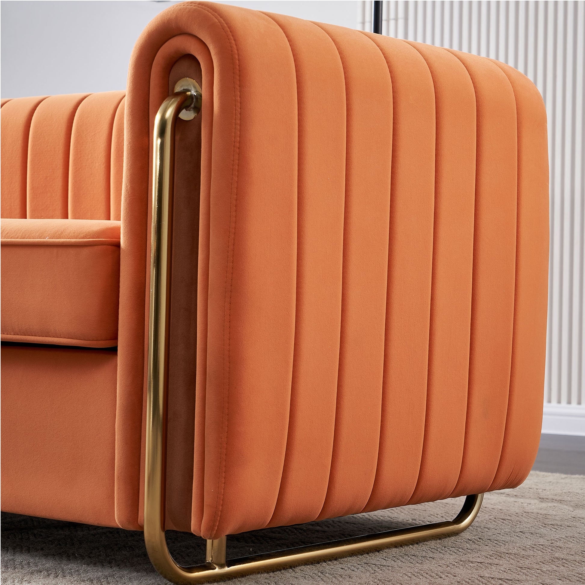 Contemporary Velvet Sofa Couch 84.25''W For Living Room, Orange Orange Velvet Wood Primary Living Space Tufted Back Modern Rolled Arms Foam Velvet 2 Seat