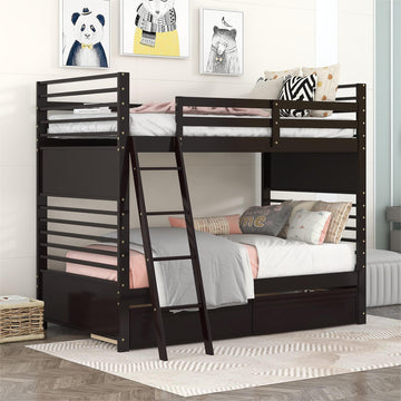 Twin Over Twin Wood Bunk Bed With Two Drawers Espresso Espresso Solid Wood