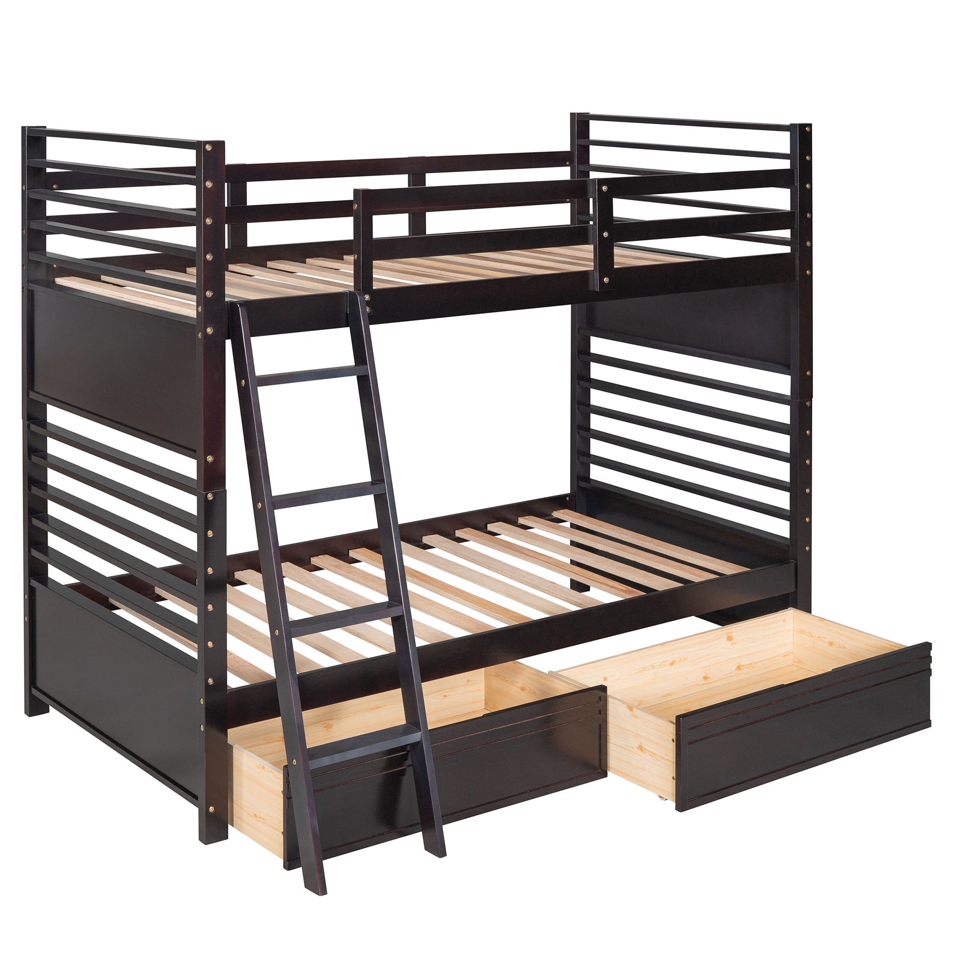 Twin Over Twin Wood Bunk Bed With Two Drawers Espresso Espresso Solid Wood