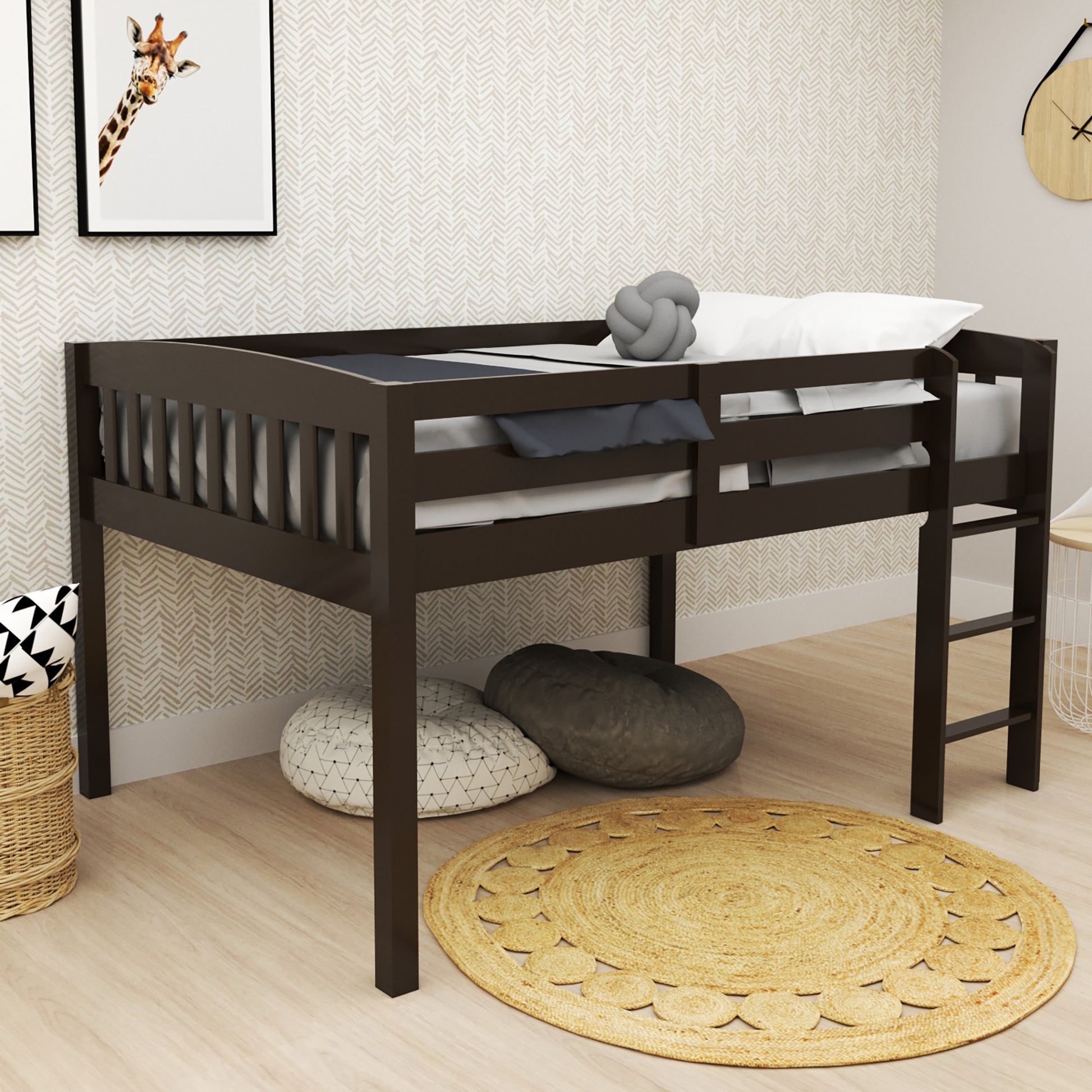 Elbruslow Cappucinno Loft Bed With Storage, Space Saver Full Size Kids Loft Bed With Stairs For Toddlers Assembled In Sturdy Solid Wood, No Box Spring Needed. Cappuccino Solid Wood