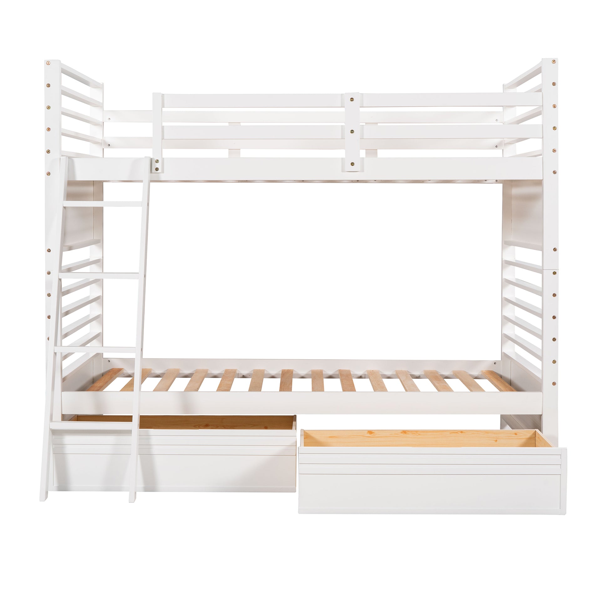 Twin Over Twin Wood Bunk Bed With Two Drawers White White Solid Wood