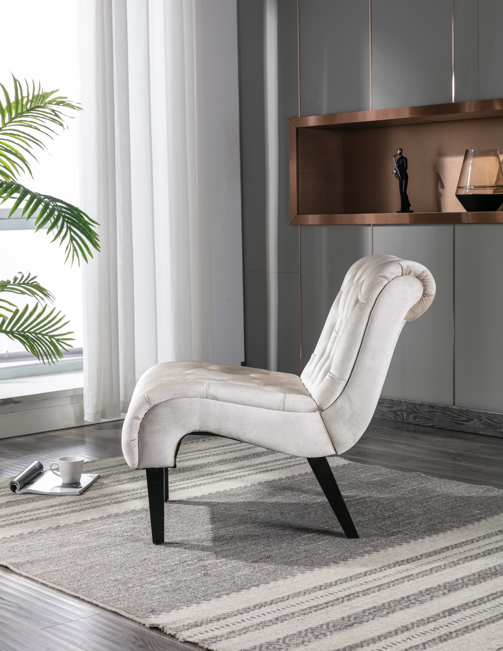 Coolmore Modern Velvet Armless Accent Living Room Chair Leisure Chair,Upholstered Fabric Button Comfortable Chair With Wooden Legs For Bedroom, Living Room, Office Beige Velvet Beige Foam Velvet