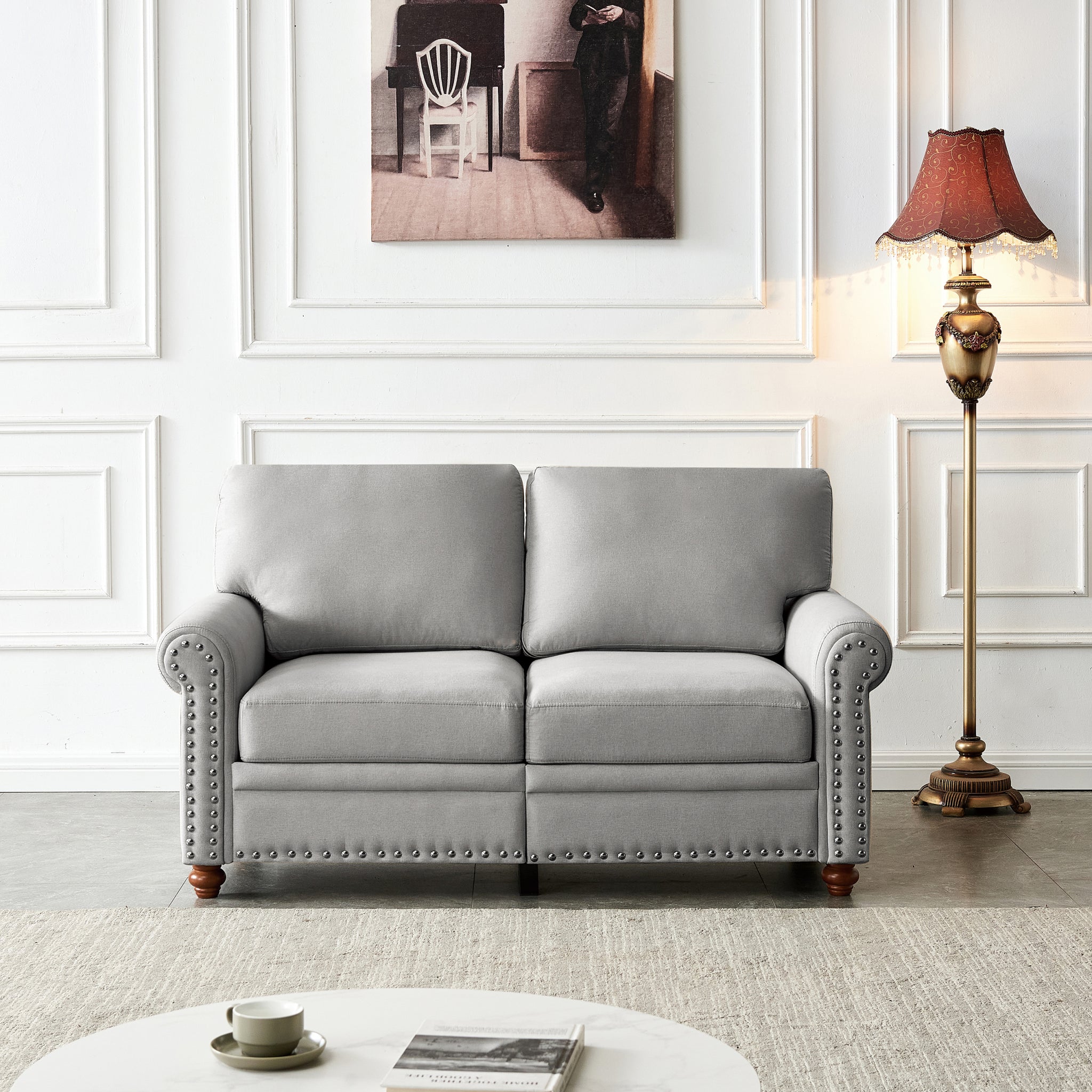 Linen Fabric Upholstery With Storage Loveseat Grey Grey Foam Fabric