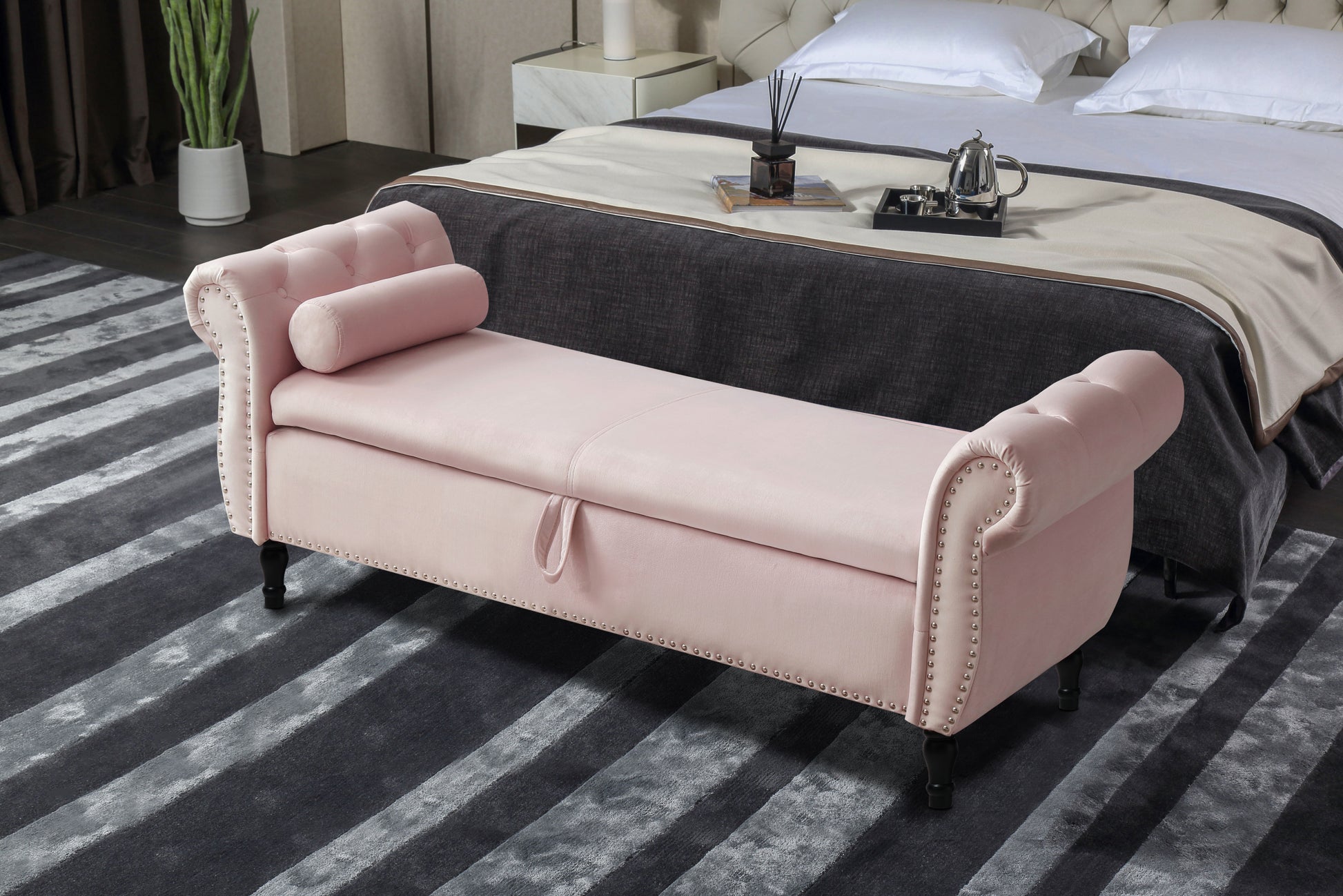 Aijia 63" Velvet Multifunctional Storage Rectangular Sofa Stool Buttons Tufted Trimmed Solid Wood Legs With 1 Pillow,Light Pink Light Pink Velvet