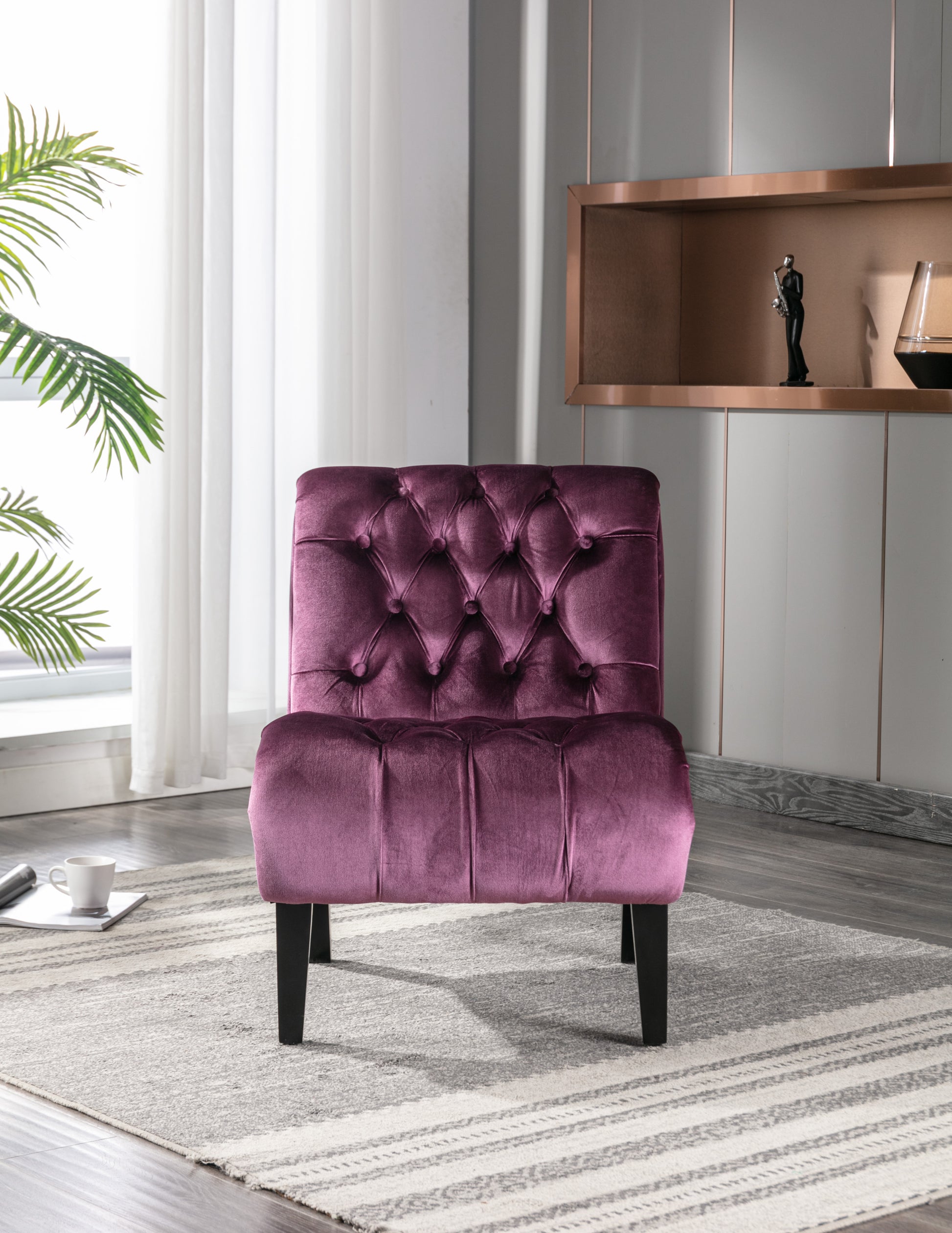 Coolmore Modern Velvet Armless Accent Living Room Chair Leisure Chair,Upholstered Fabric Button Comfortable Chair With Wooden Legs For Bedroom, Living Room, Office Purple Velvet Purple Foam Velvet