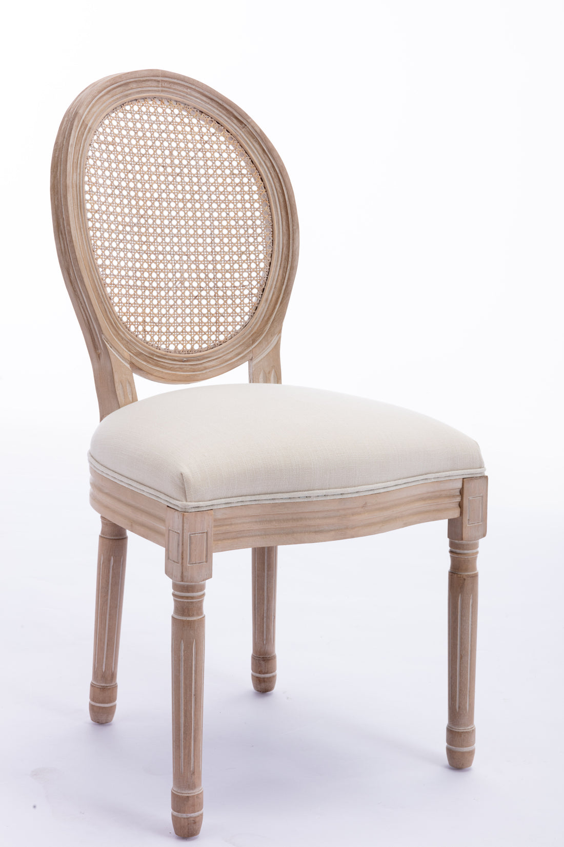 French Style Solid Wood Frame Antique Painting Linen Fabric Rattan Back Dining Chair,Set Of 2,Cream Cream Foam Solid Wood