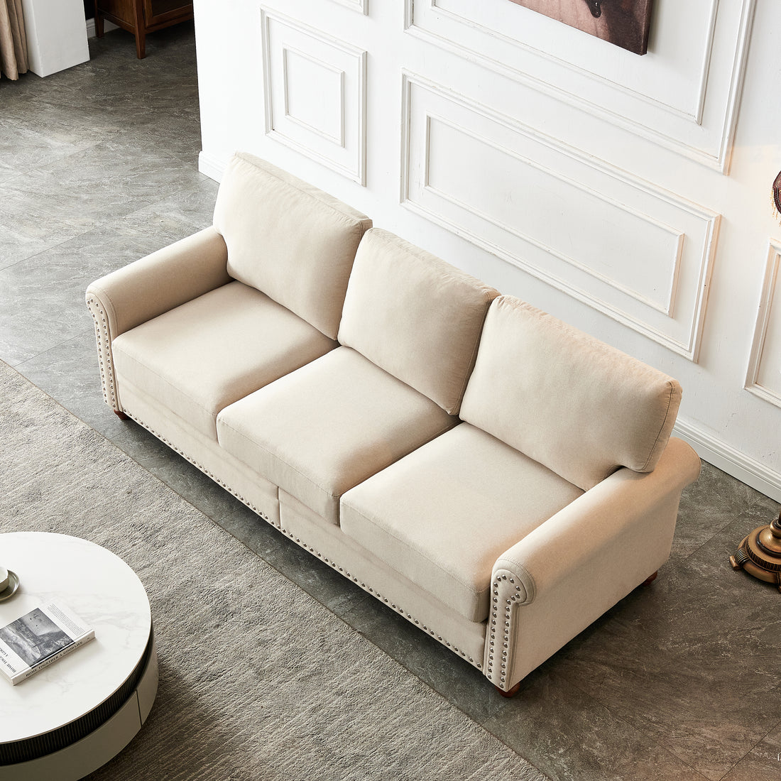 Linen Fabric Upholstery With Storage Sofa Beige Beige Foam Fabric