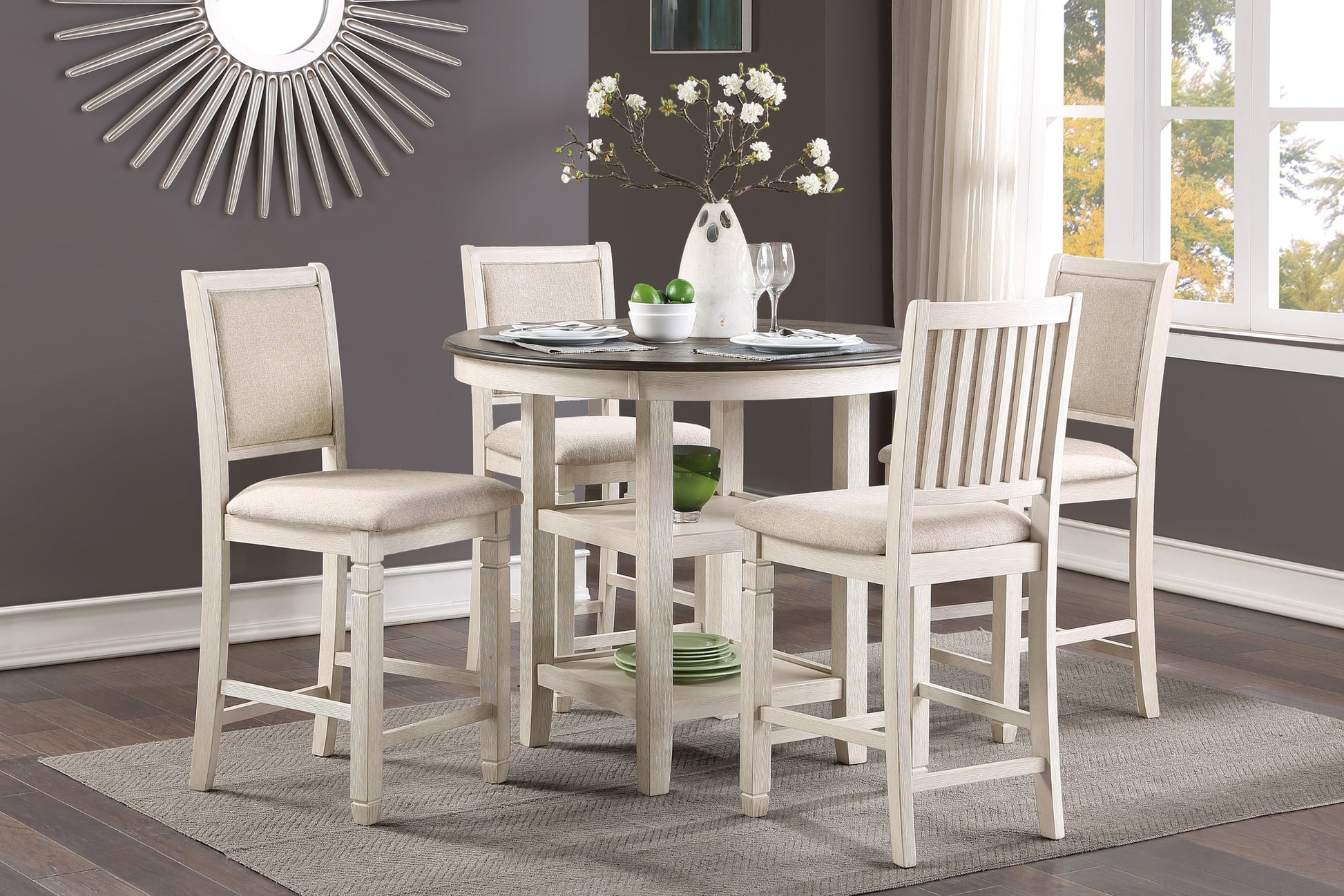 Brown And Antique White Finish 1Pc Counter Height Table With 2X Display Shelves Transitional Style Furniture Brown White Dining Room Transitional Wood