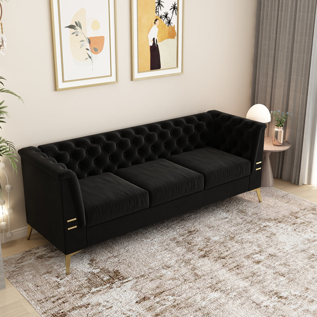 Fx P83 Bk2 Sofa Luxurious Black Velvet Sofa With Gold Legs Modern Chesterfield Design, Tufted Upholstery, 3 Seat Couch For Living Room And Office Black Velvet 3 Seat