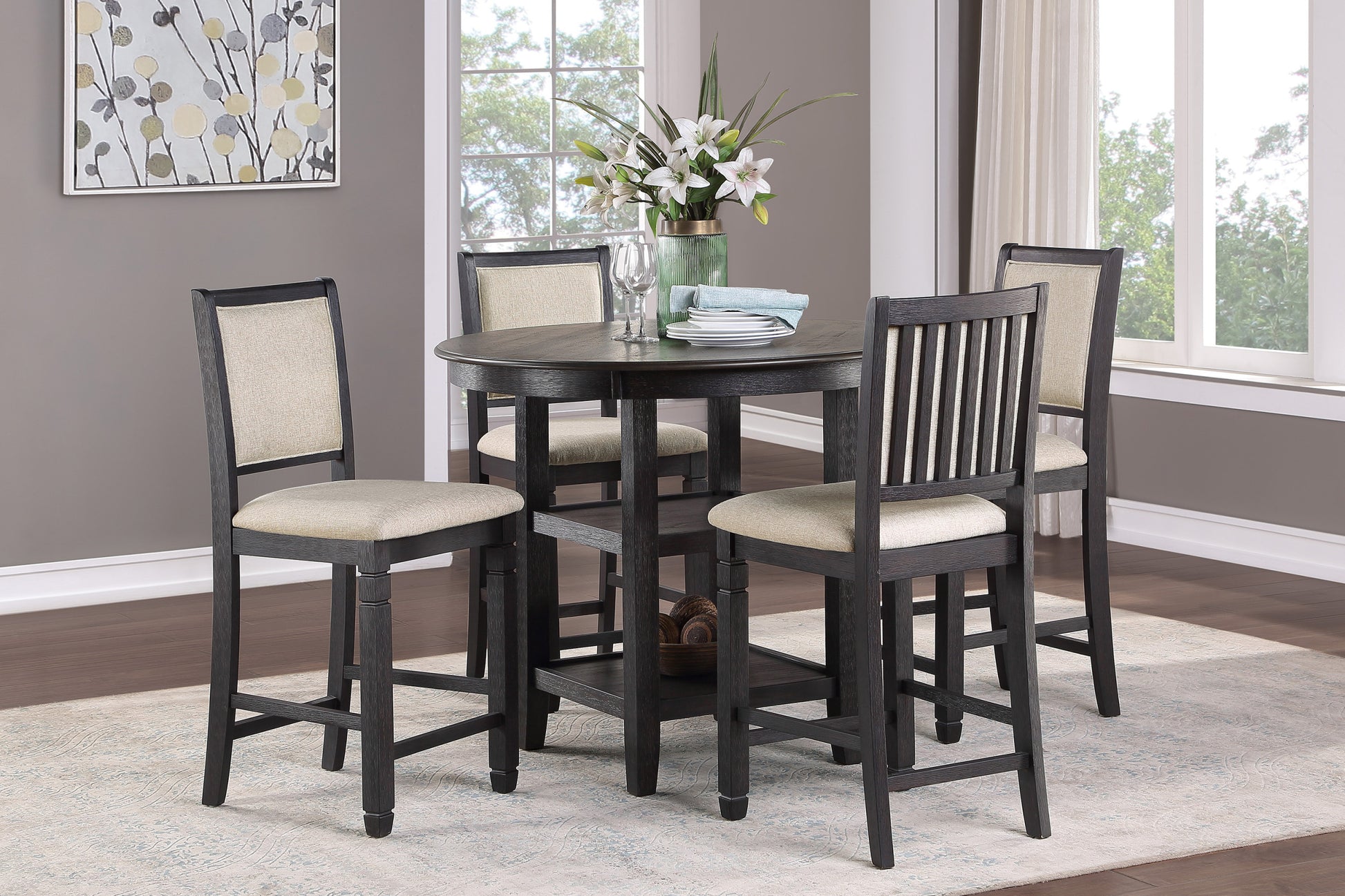 5Pc Counter Height Dining Set Table W Built In Shelves And 4X Counter Height Chairs Black And Brown Finish Wooden Dining Room Furniture Black Seats 4 Dining Room Transitional Round Dining Table With Chair Wood