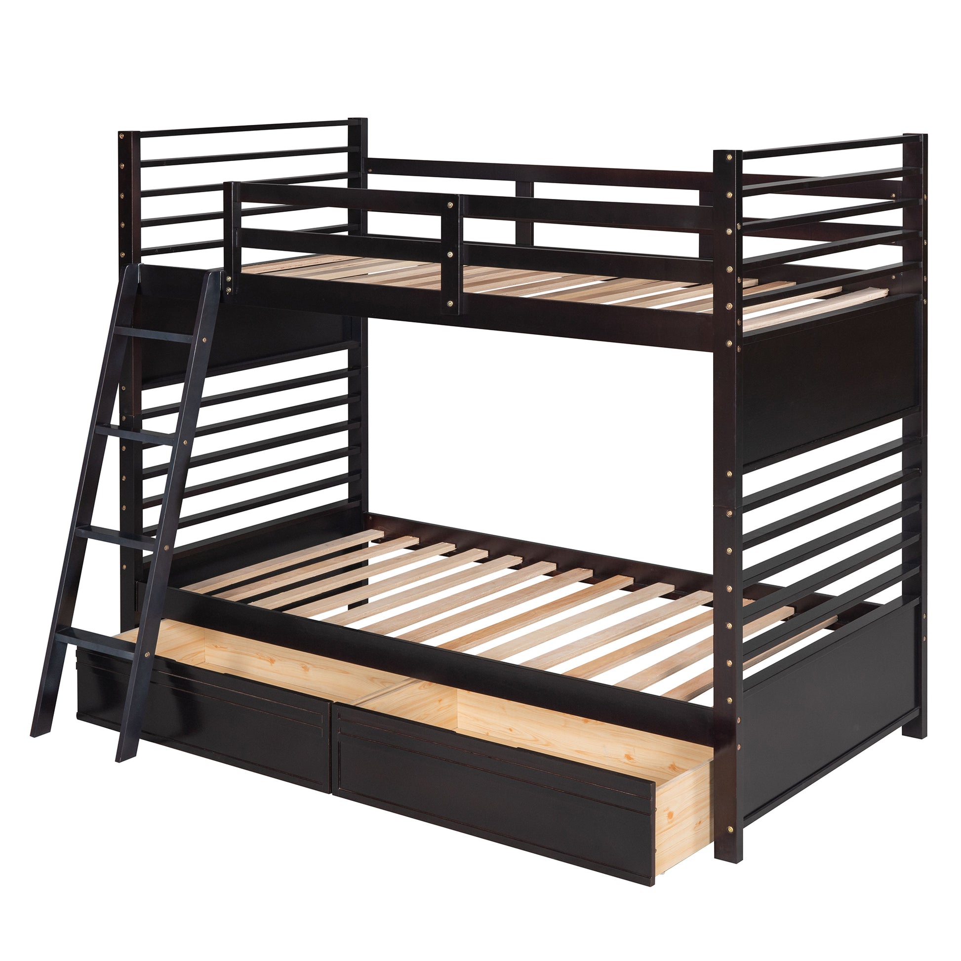 Twin Over Twin Wood Bunk Bed With Two Drawers Espresso Espresso Solid Wood