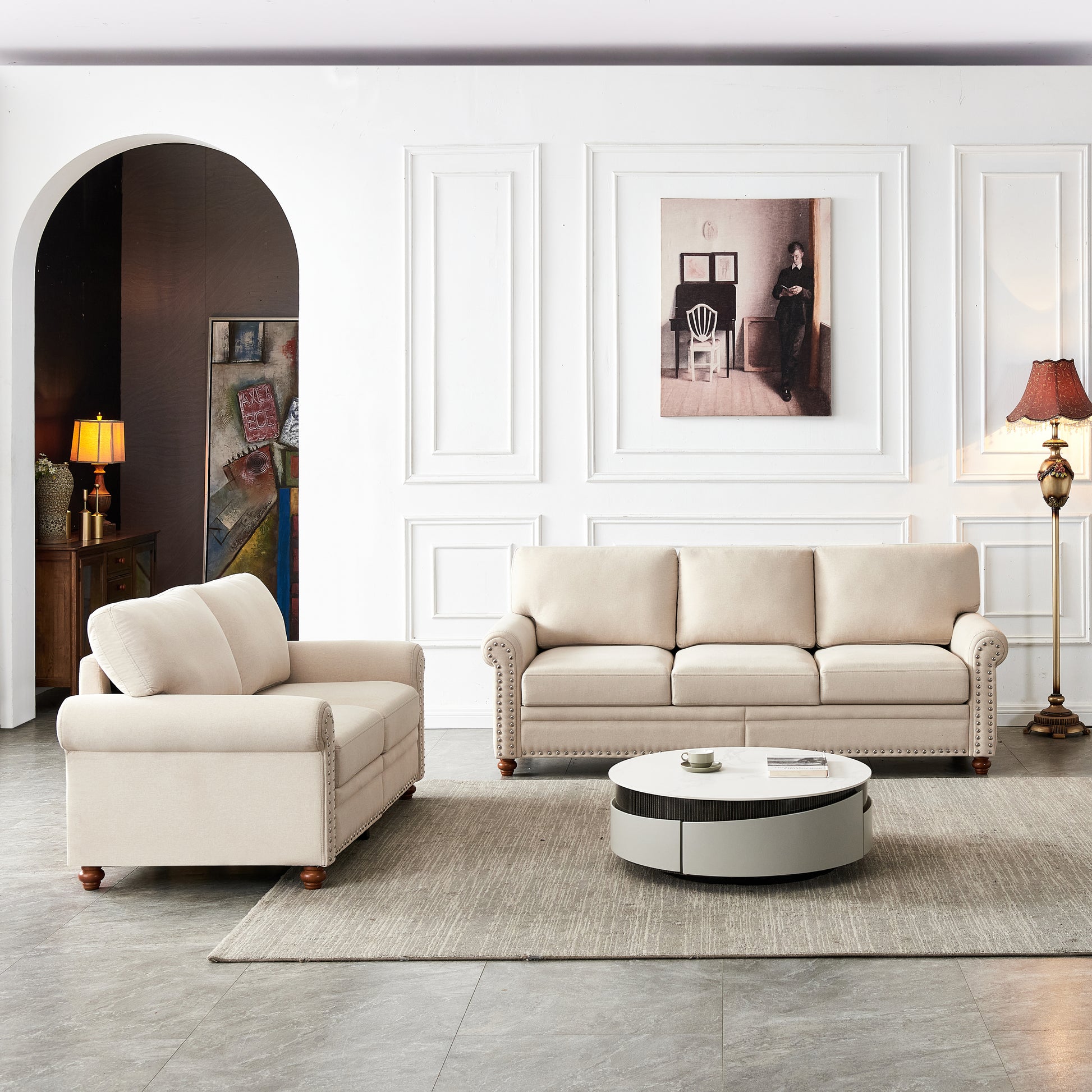 Linen Fabric Upholstery With Storage Sofa 2 3 Sectional Beige Beige Foam Fabric
