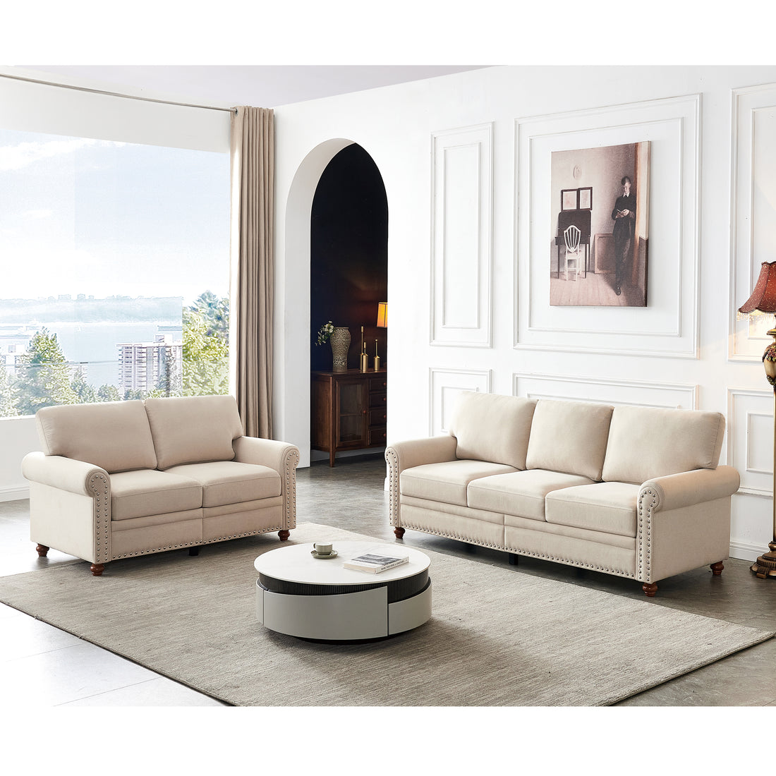 Linen Fabric Upholstery With Storage Sofa 2 3 Sectional Beige Beige Foam Fabric