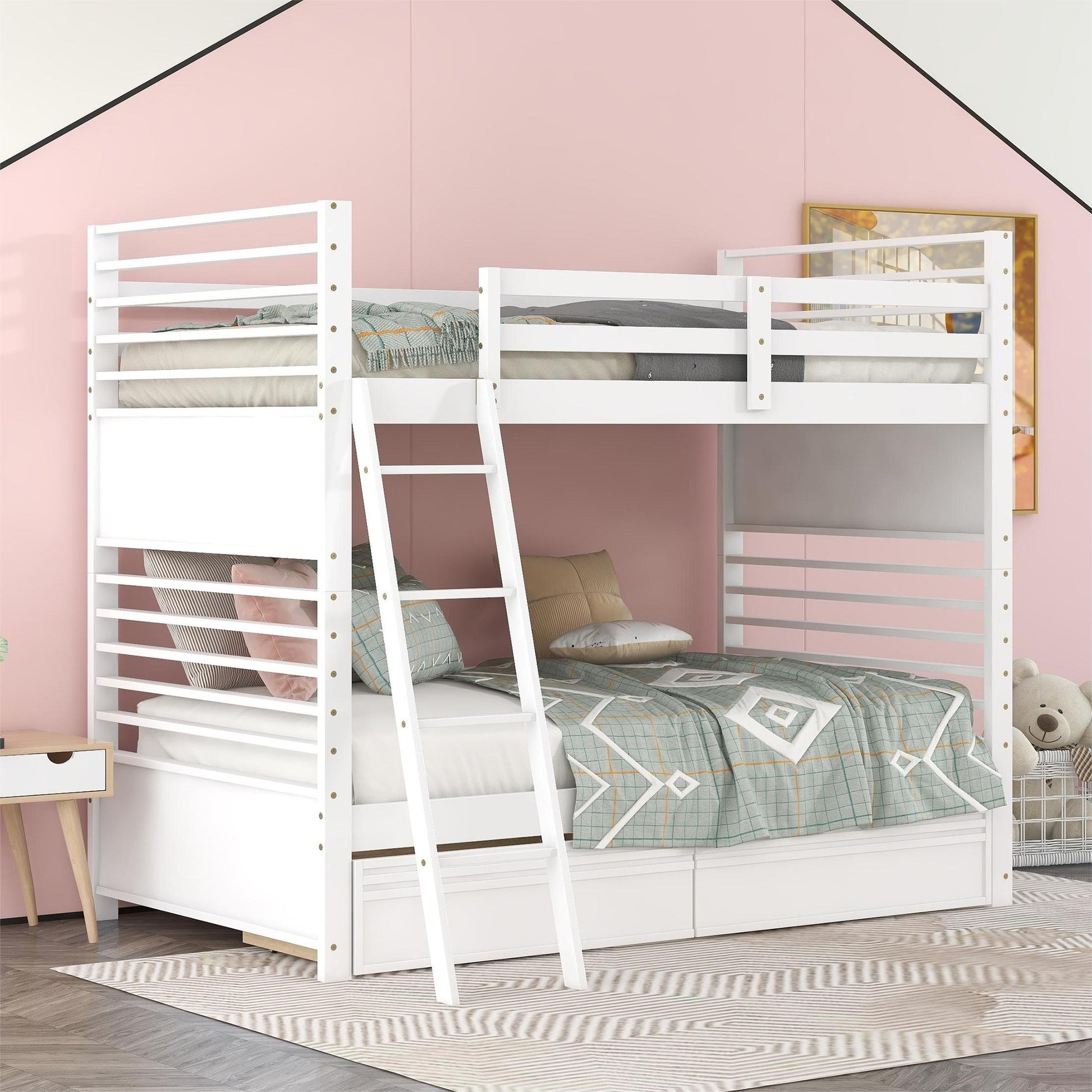 Twin Over Twin Wood Bunk Bed With Two Drawers White White Solid Wood