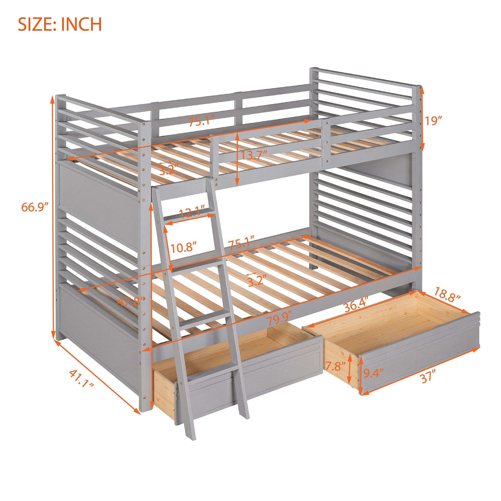 Twin Over Twin Wood Bunk Bed With Two Drawers Gray Gray Solid Wood