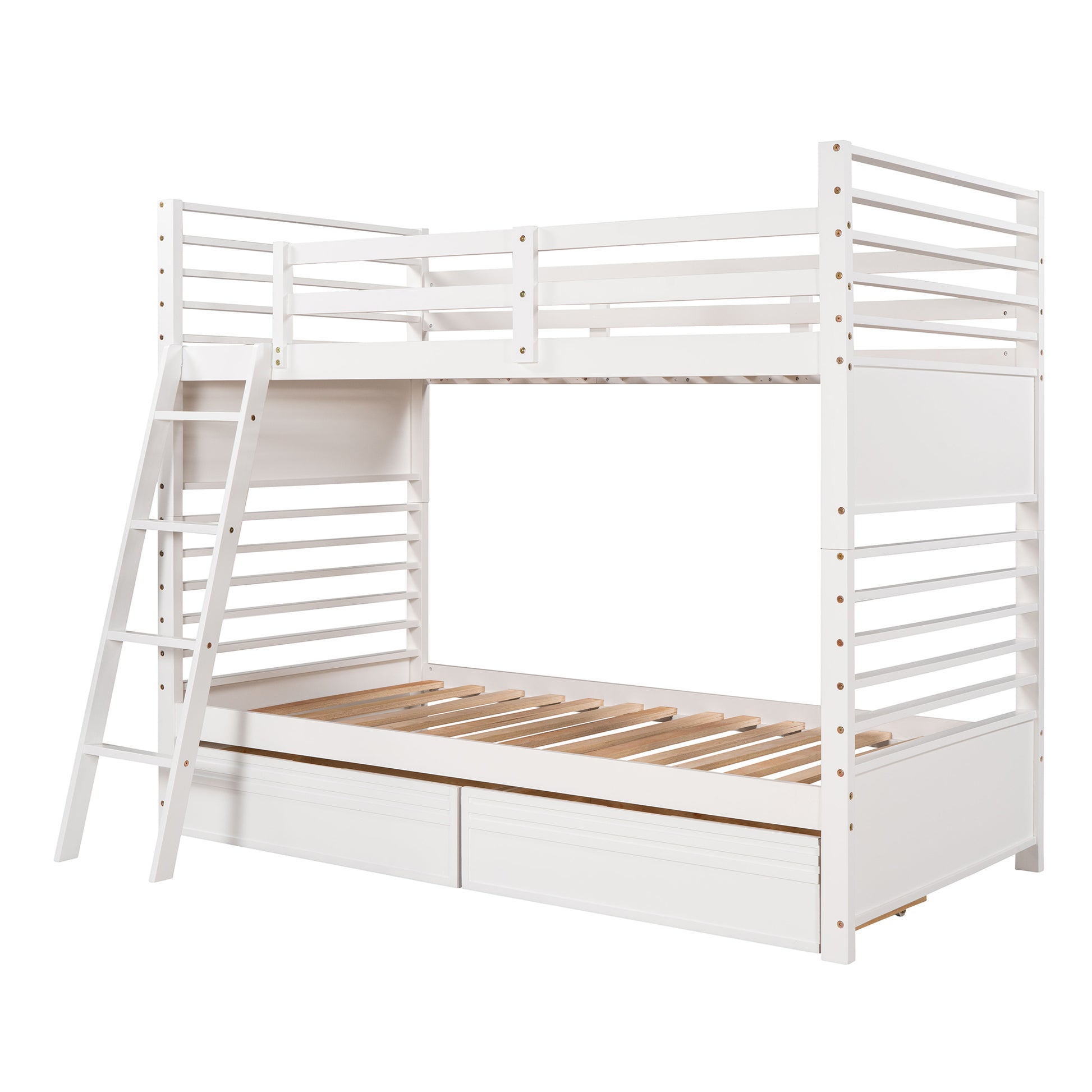 Twin Over Twin Wood Bunk Bed With Two Drawers White White Solid Wood