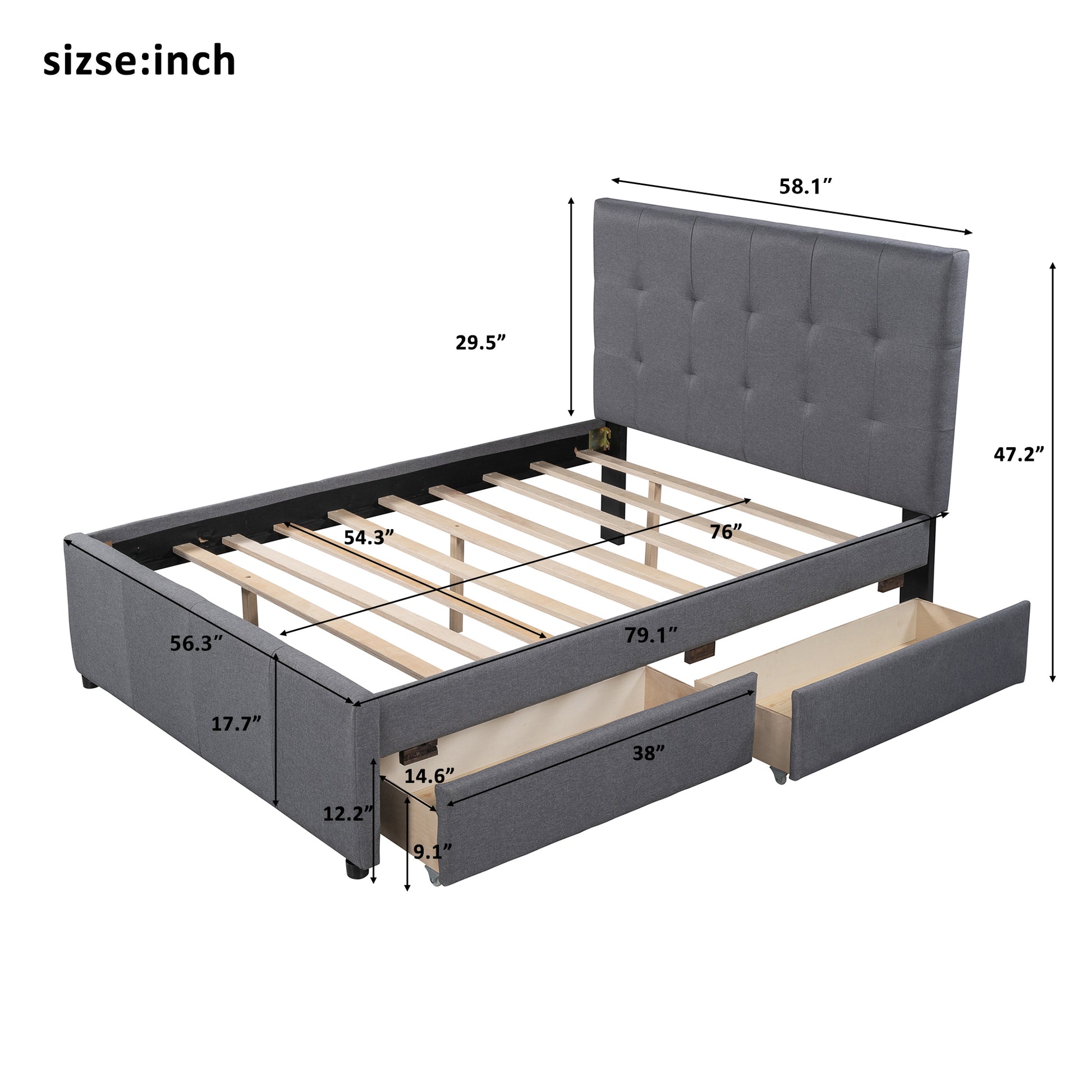 Linen Upholstered Platform Bed With Headboard And Two Drawers, Full Old Sku: Sm000505Aae Box Spring Not Required Full Gray Wood Bedroom Pine Bed Frame Linen Linen