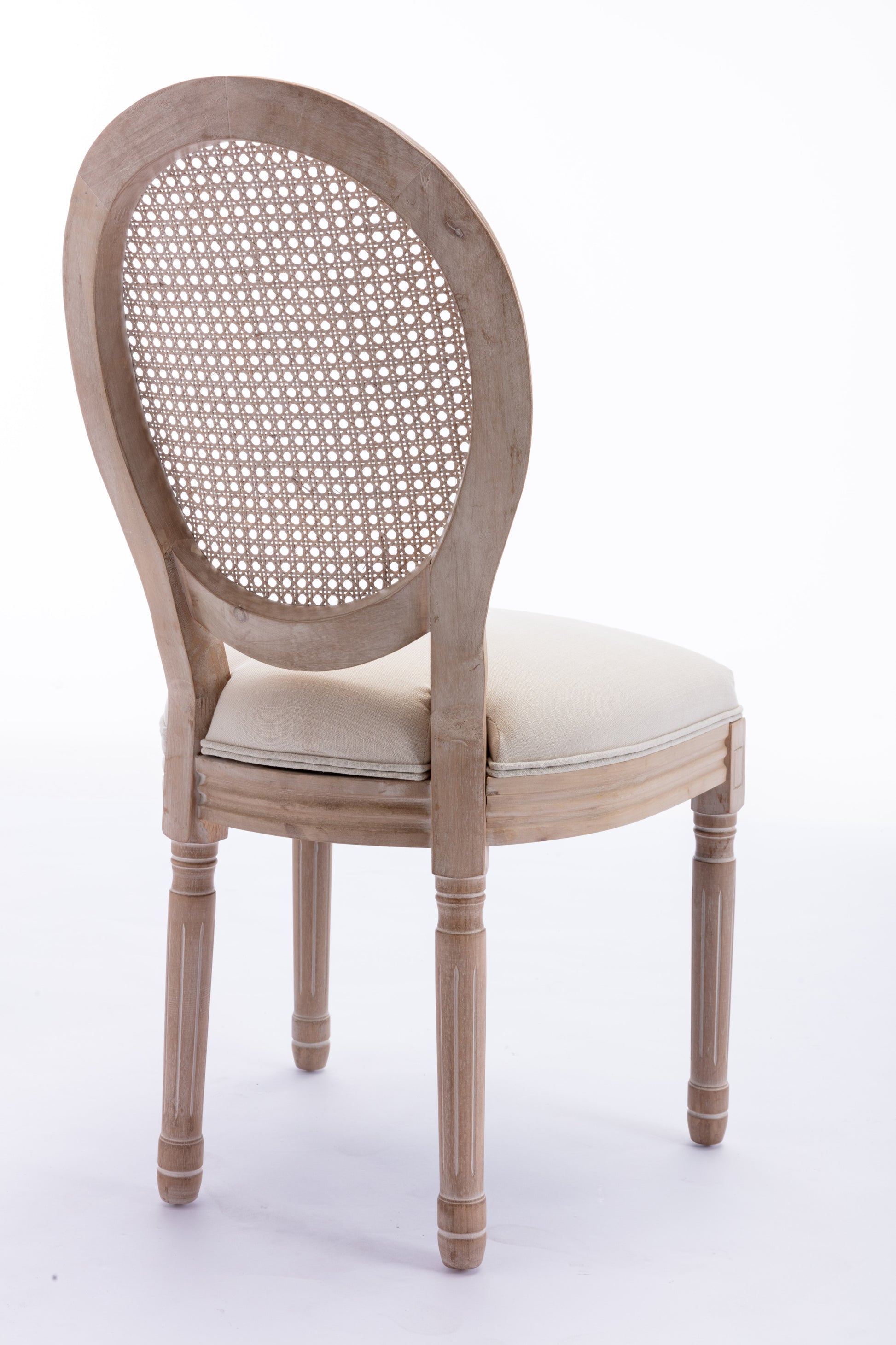 French Style Solid Wood Frame Antique Painting Linen Fabric Rattan Back Dining Chair,Set Of 2,Cream Cream Foam Solid Wood