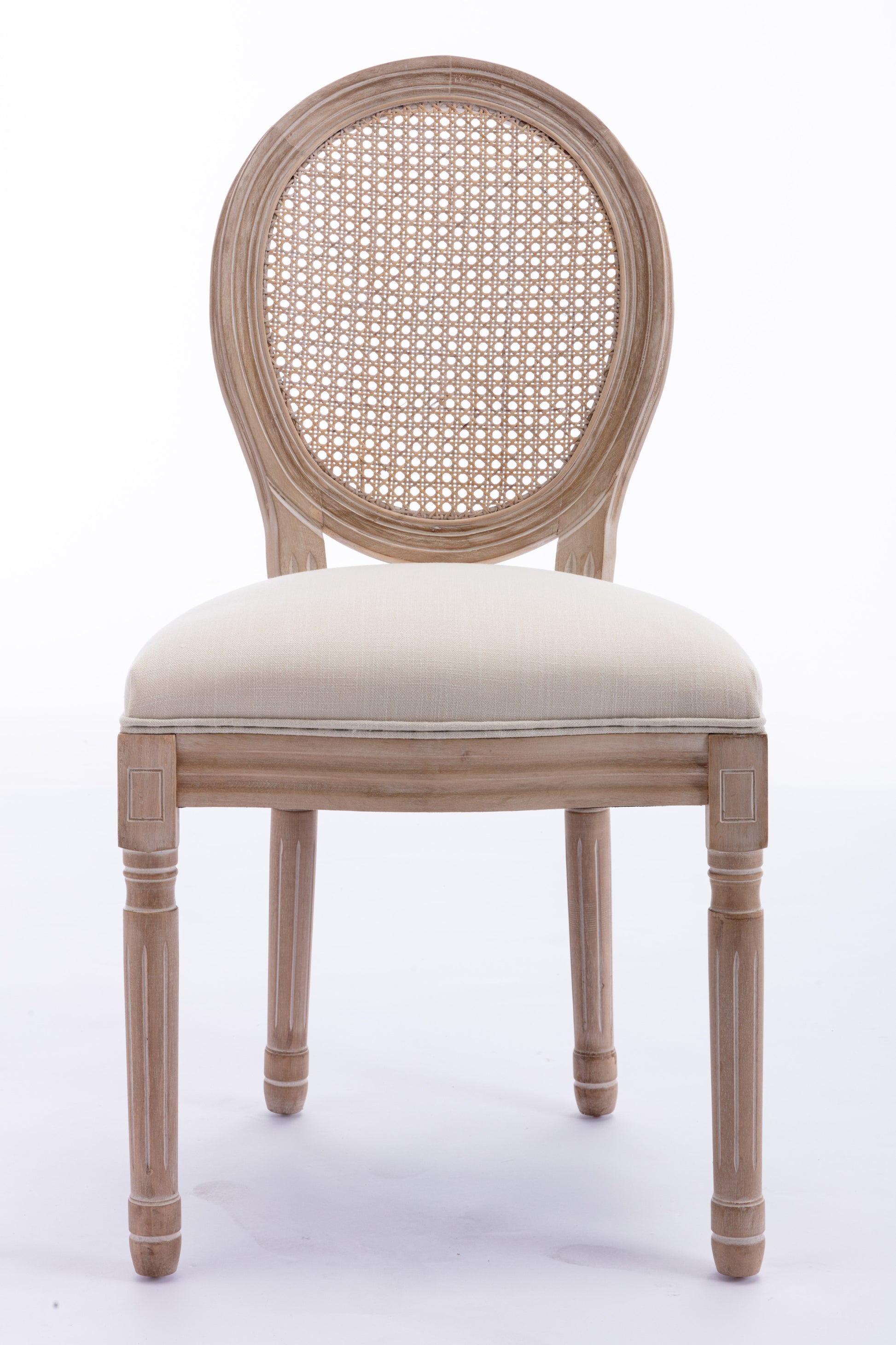 French Style Solid Wood Frame Antique Painting Linen Fabric Rattan Back Dining Chair,Set Of 2,Cream Cream Foam Solid Wood