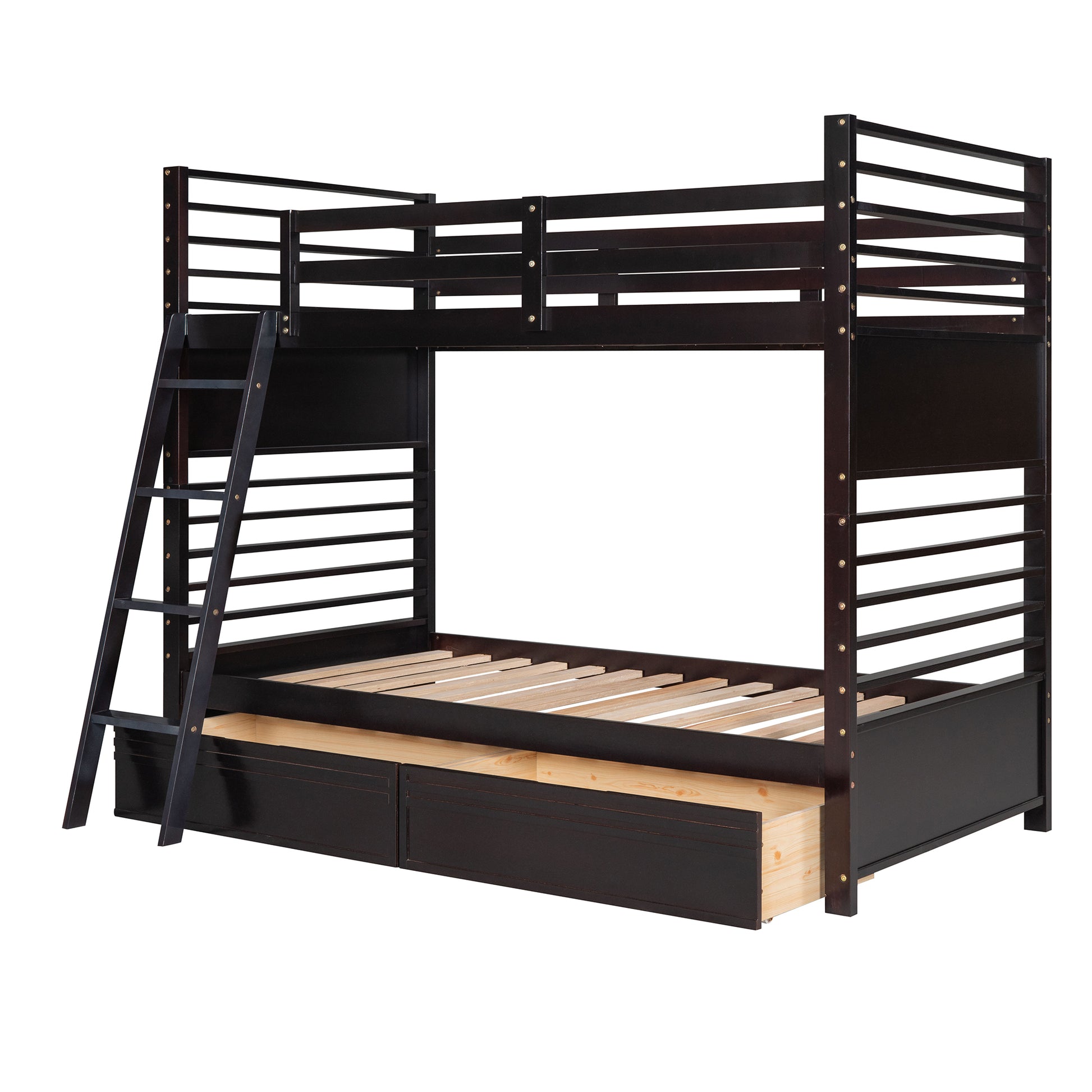 Twin Over Twin Wood Bunk Bed With Two Drawers Espresso Espresso Solid Wood