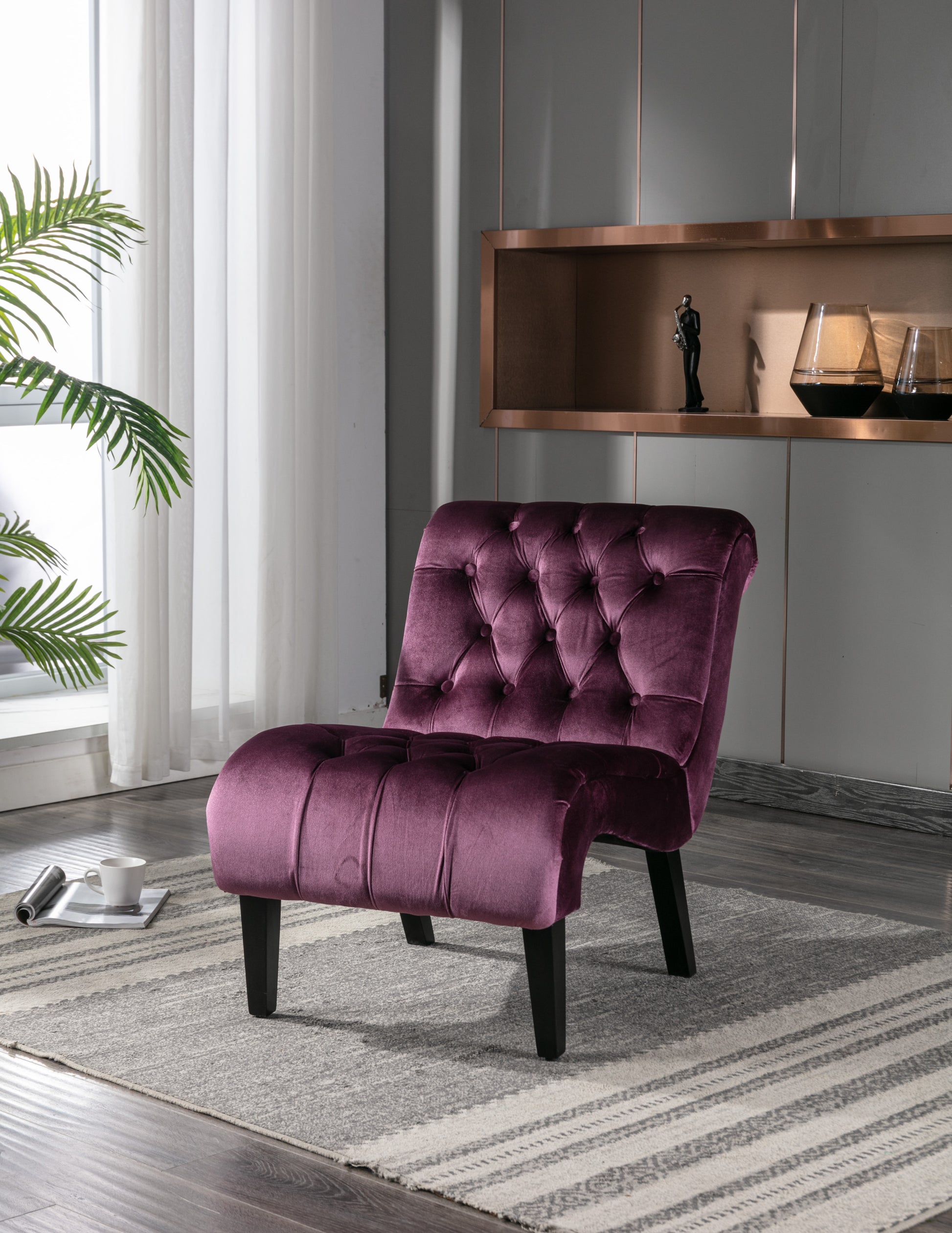 Coolmore Modern Velvet Armless Accent Living Room Chair Leisure Chair,Upholstered Fabric Button Comfortable Chair With Wooden Legs For Bedroom, Living Room, Office Purple Velvet Purple Foam Velvet