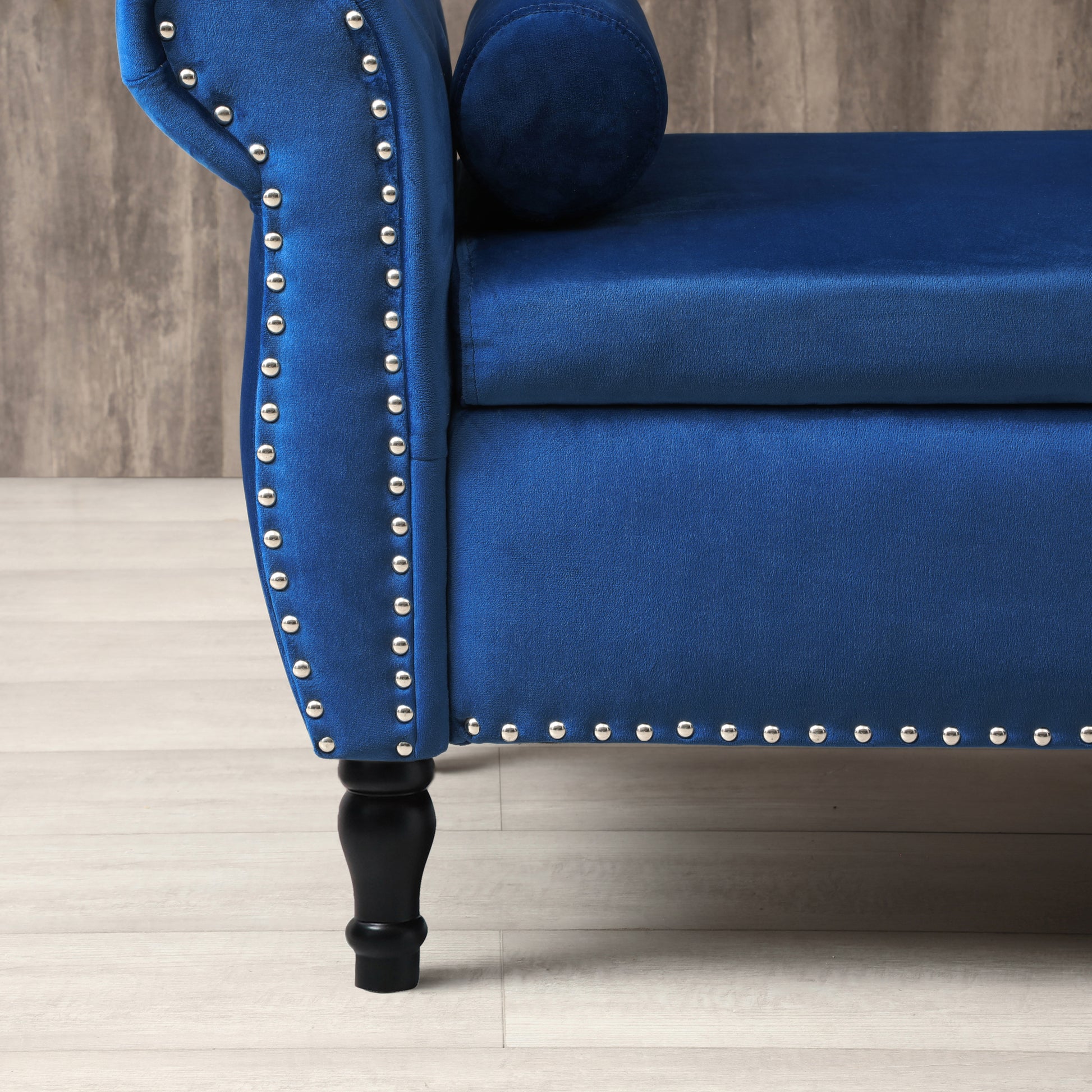 Aijia 63" Velvet Multifunctional Storage Bench Rectangular Sofa Stool Buttons Tufted Trimmed Ottoman Solid Wood Legs With 1 Pillow,Blue Blue Velvet