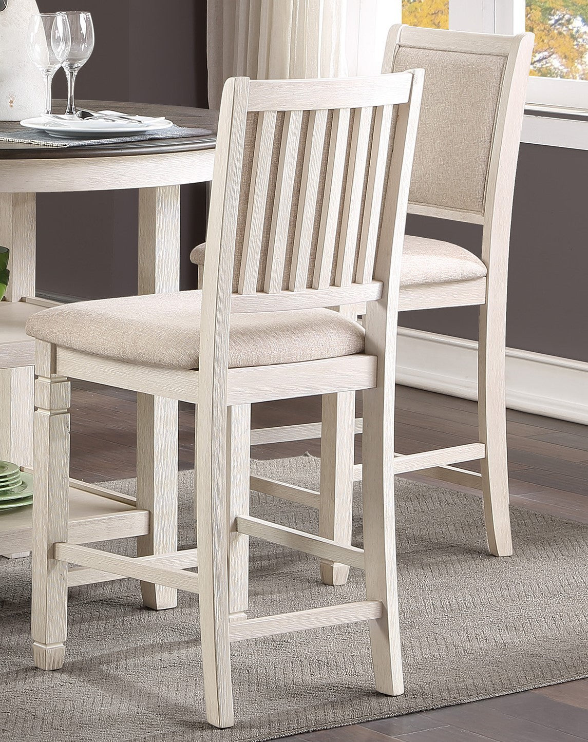 Antique White And Brown Finish 5Pc Counter Height Dining Set Table W Built In Shelves And 4X Counter Height Chairs Wooden Dining Room Furniture Antique White Seats 4 Dining Room Transitional Round Dining Table With Chair Wood